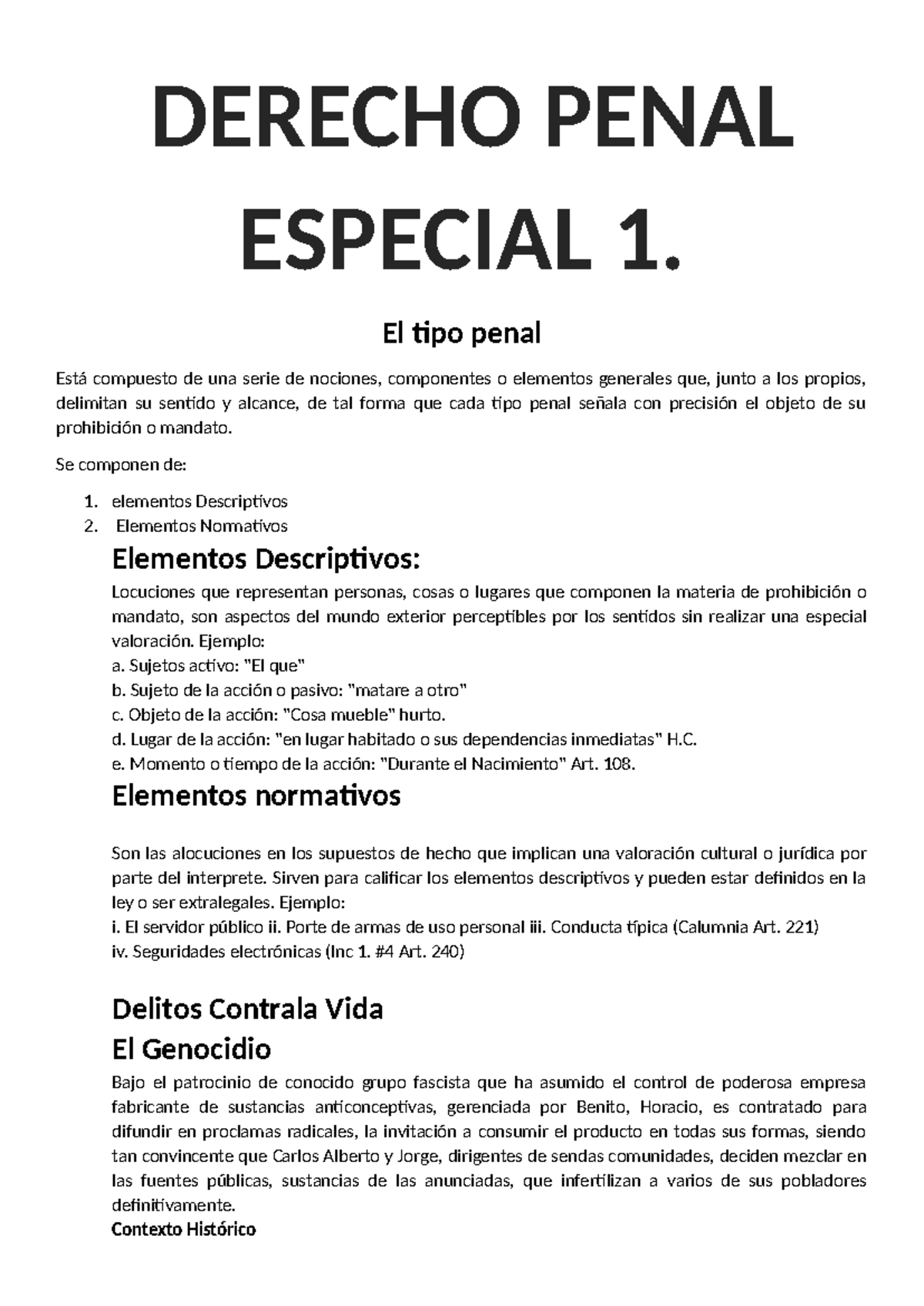 Derecho Penal Especial 1 - DERECHO PENAL ESPECIAL 1. El tipo penal ...