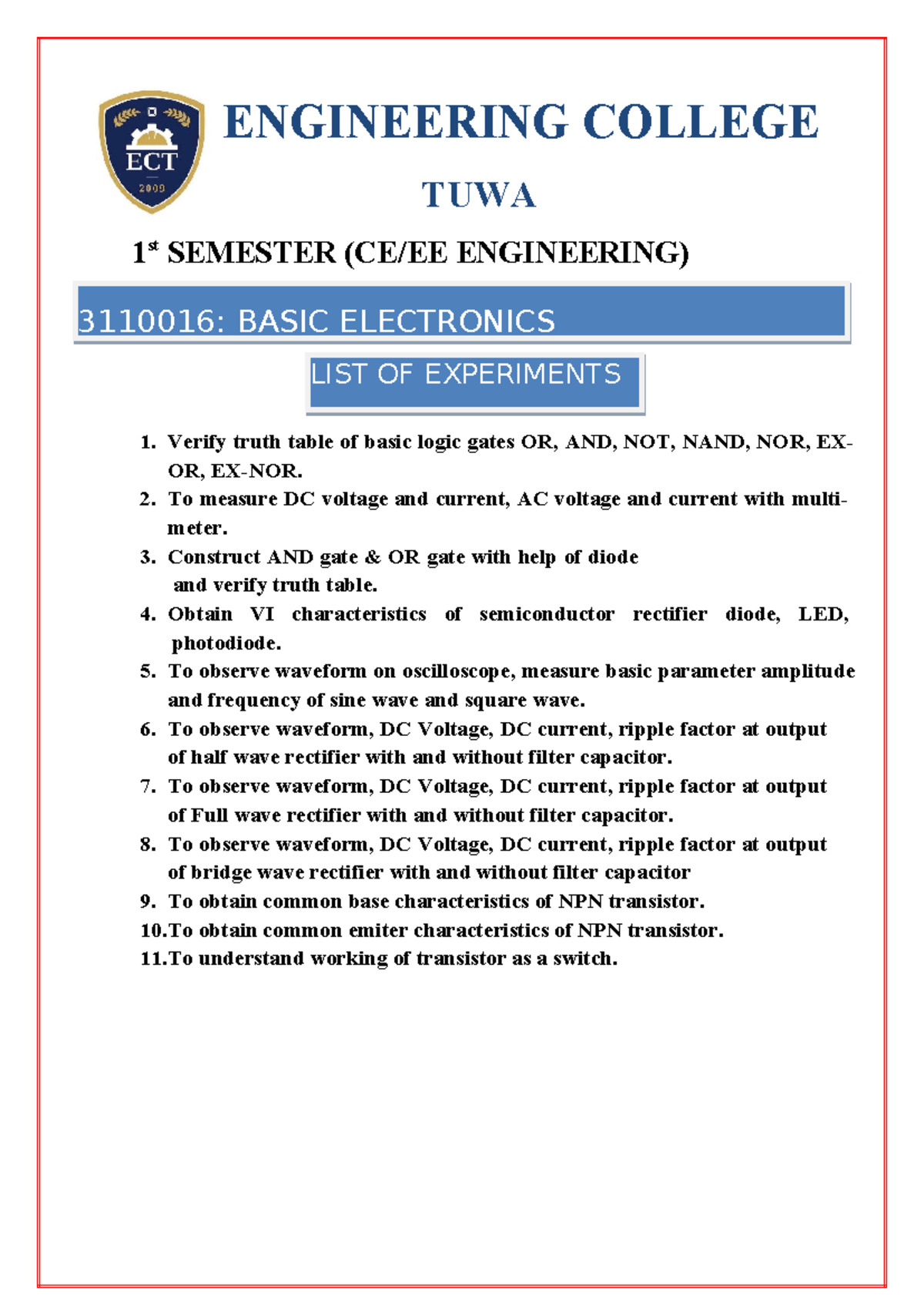 List of Experiments basic electronics - ENGINEERING COLLEGE TUWA 1 st ...