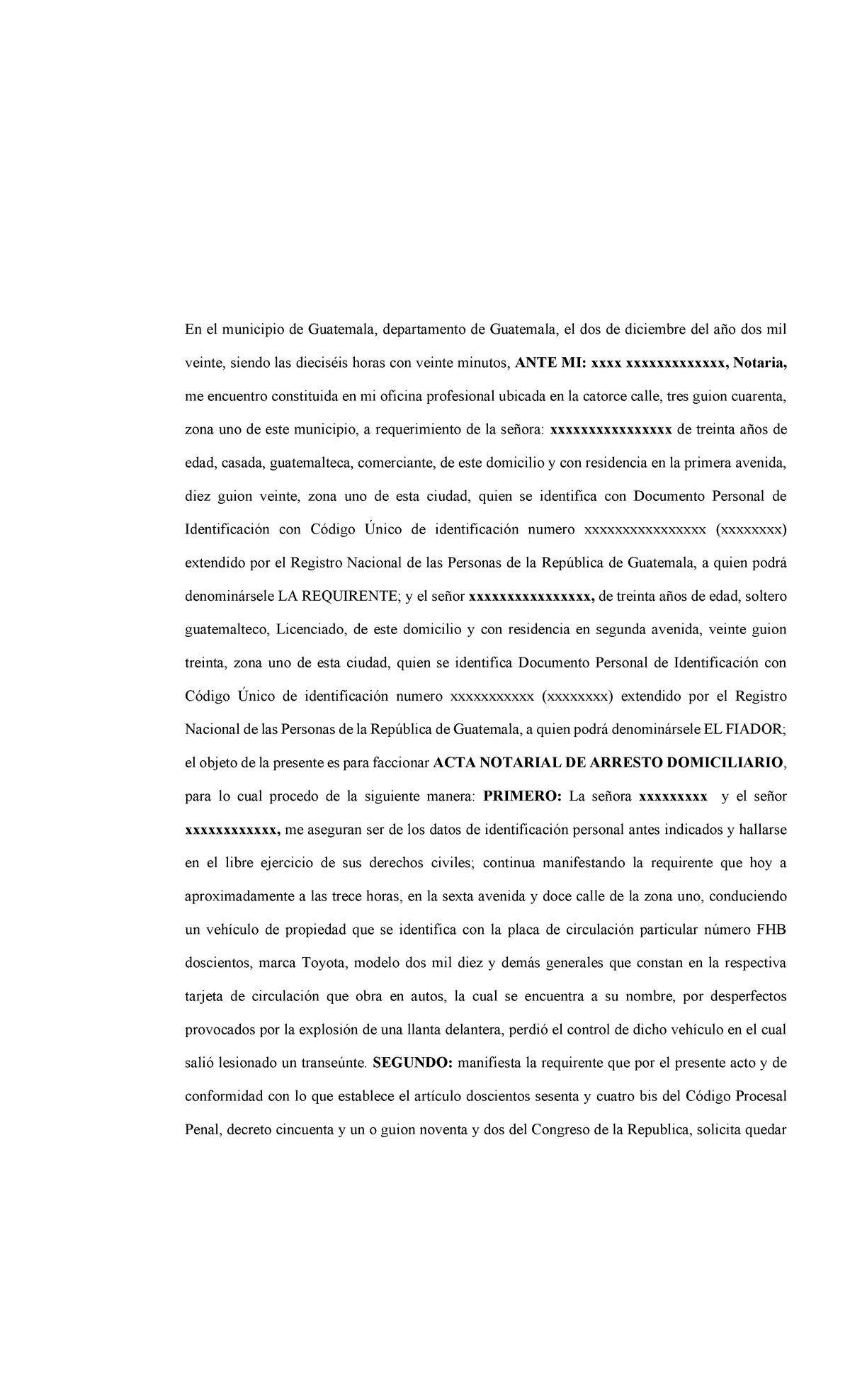 Acta De Arresto Domiciliario - En El Municipio De Guatemala ...