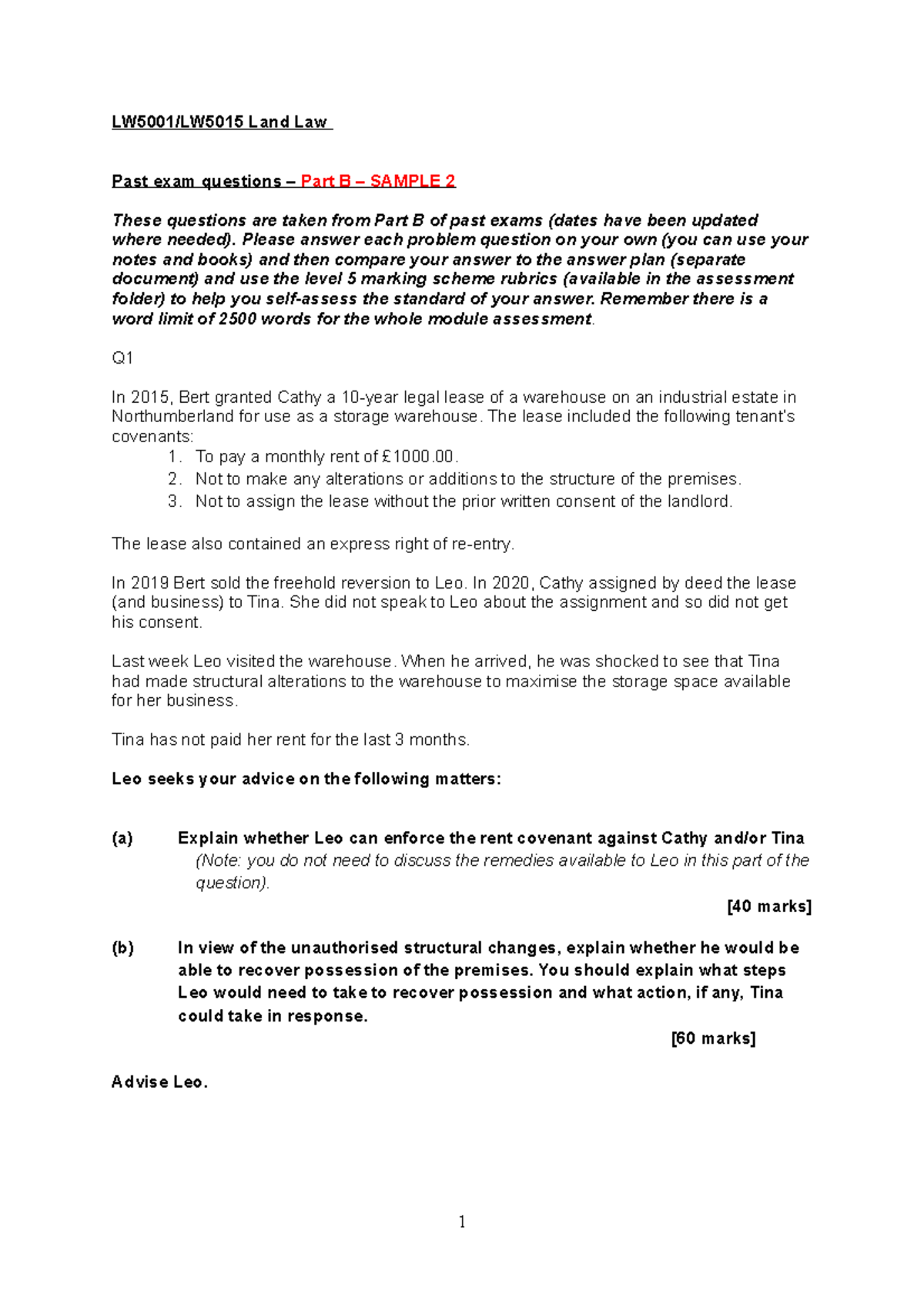 Part B past exam questions 2 202021 LW5001/LW5015 Land Law Past exam