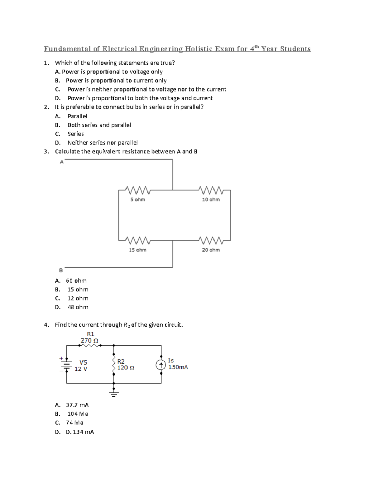Holistic Exam for power stream students Fundamental of Electrical