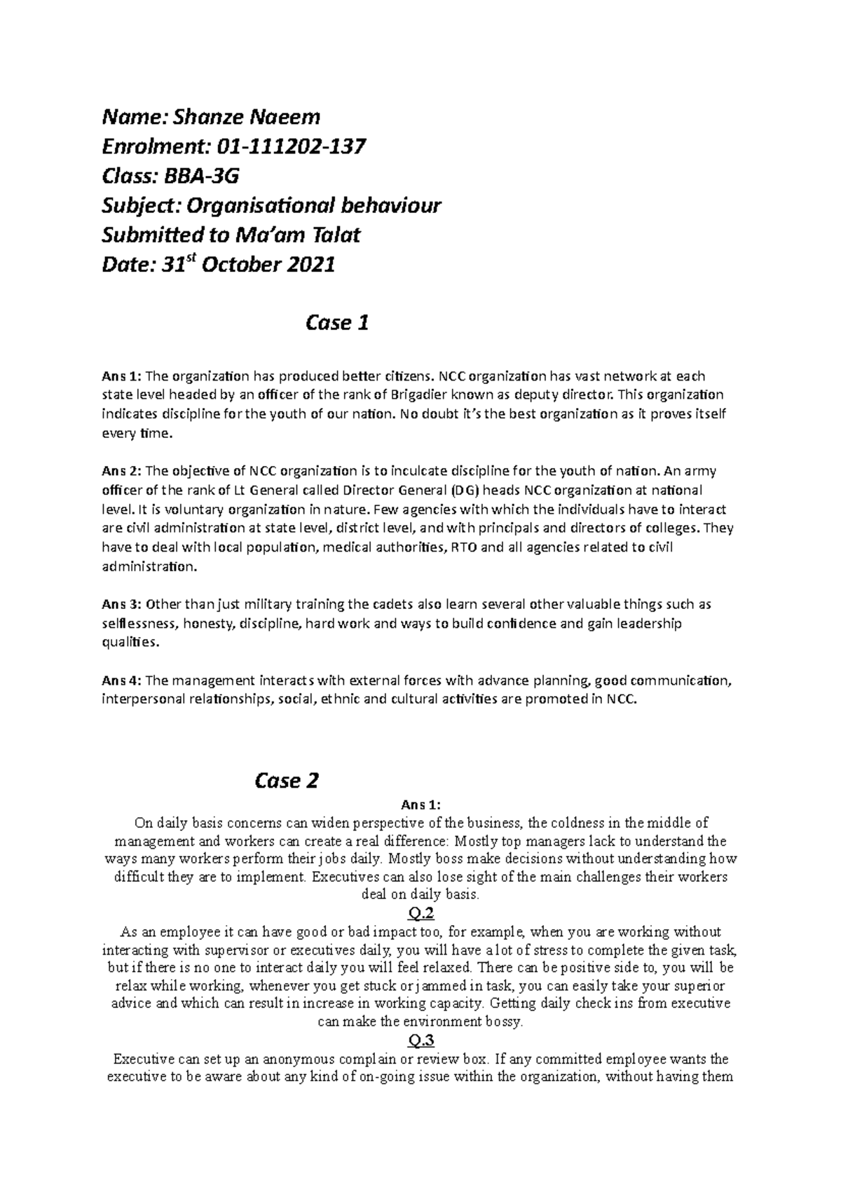 OB assignment ss - bba - Name: Shanze Naeem Enrolment: 01-111202- Class ...