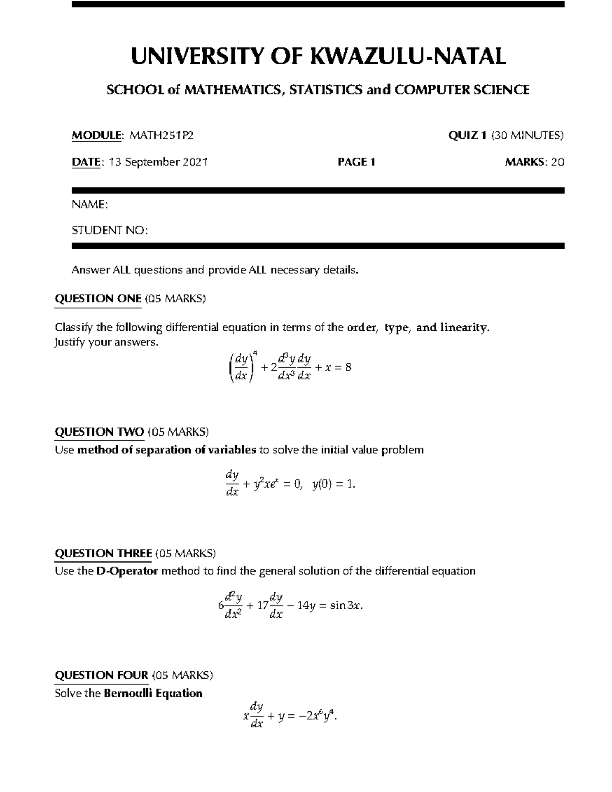 2021 QUIZ 1 MATH251- This is a practice test. - UNIVERSITY OF KWAZULU ...