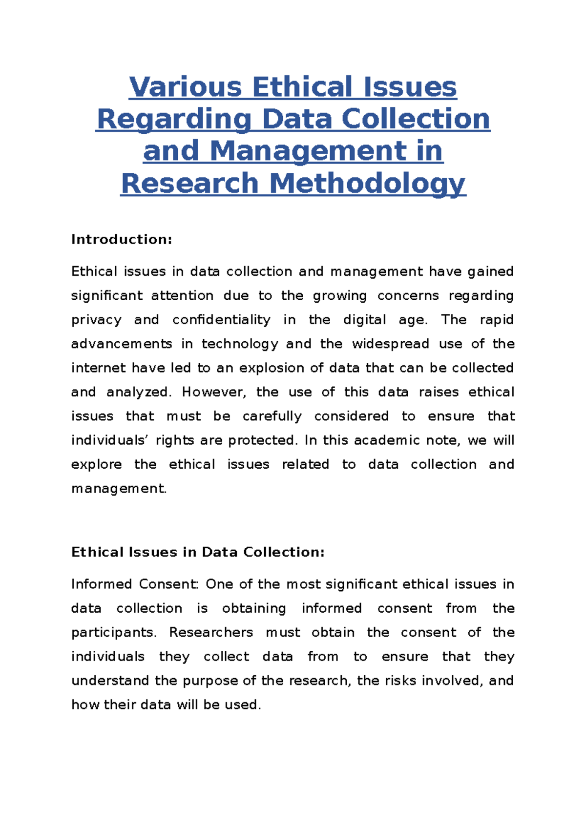 Various Ethical Issues Regarding Data Collection and Management in ...