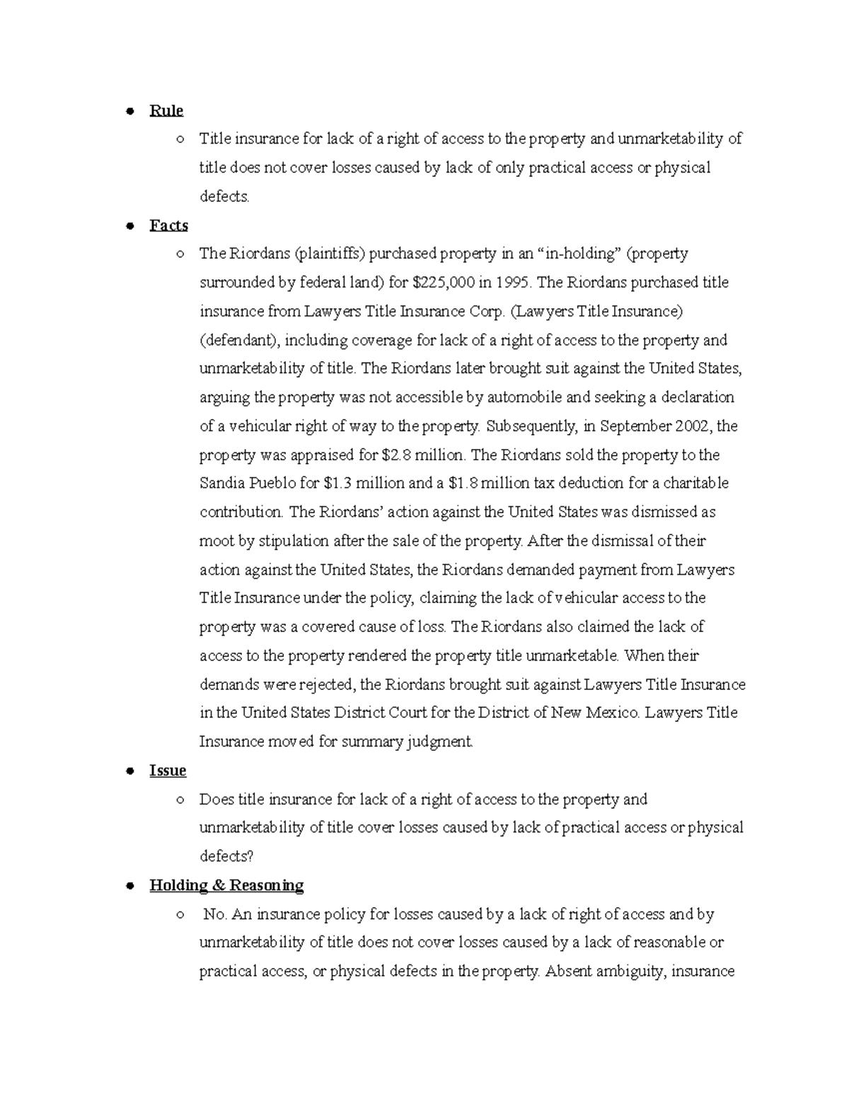 Property 2022 Riordan v. Lawyers Title Insurance Corp Rule Title