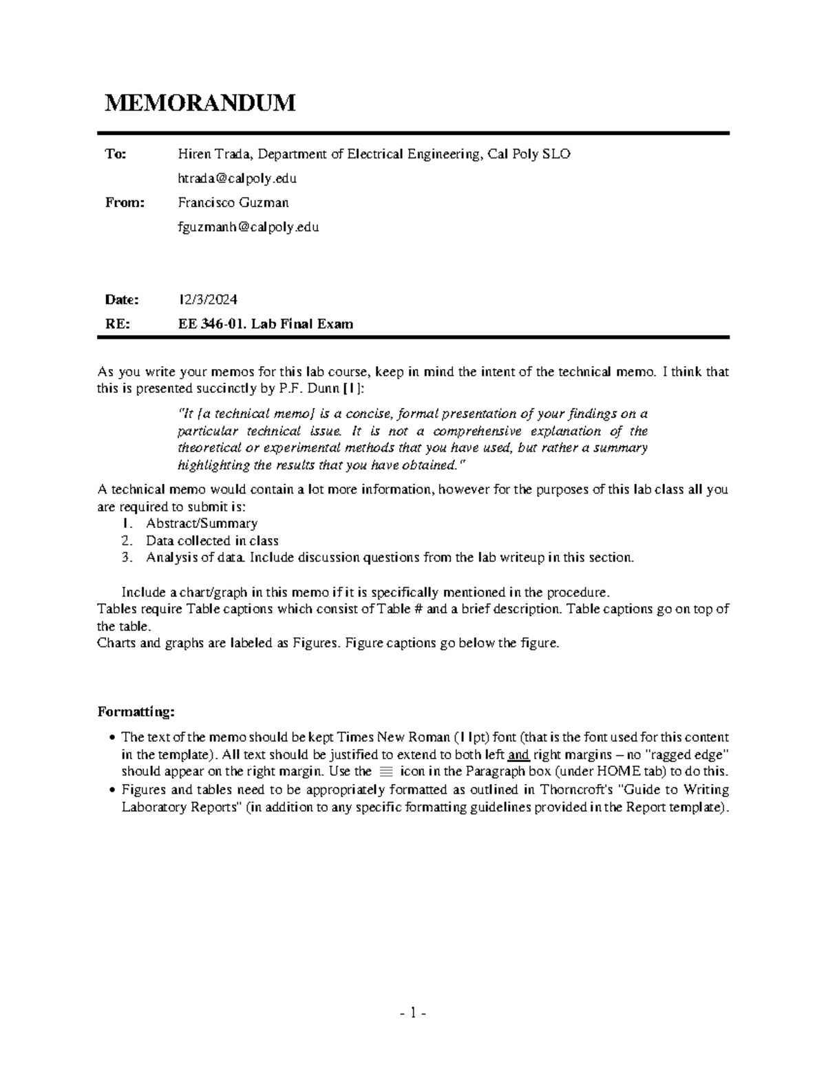 Memo - 15 characters - 1 - MEMORANDUM To: Hiren Trada, Department of ...
