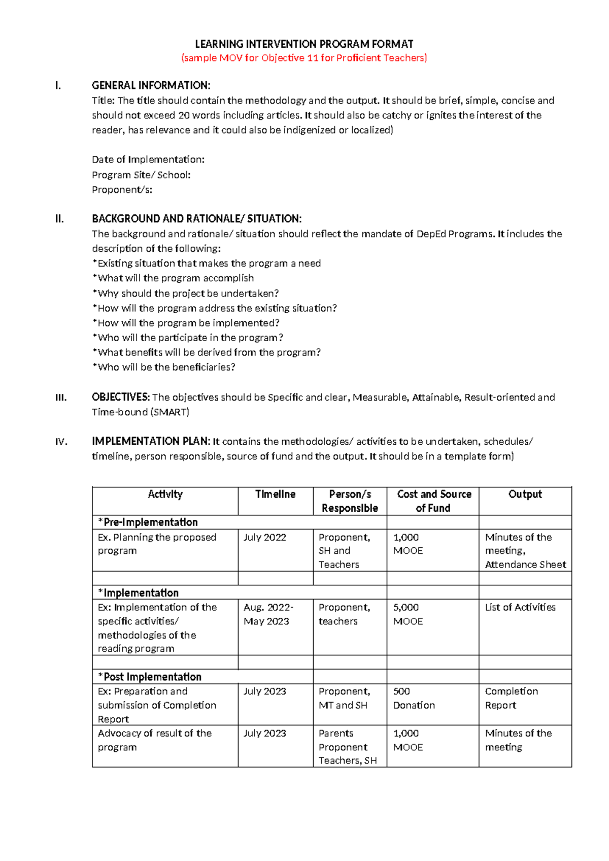 Learning Intervention Program Format - LEARNING INTERVENTION PROGRAM ...