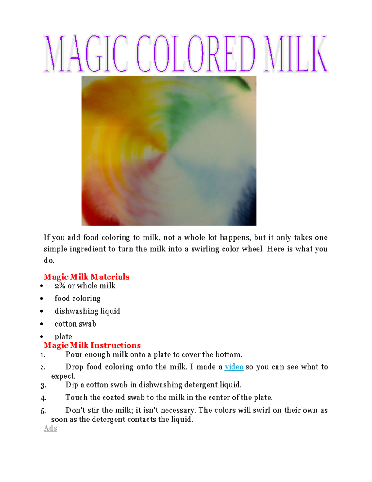 Magic Colored MILK - If you add food coloring to milk, not a whole lot ...