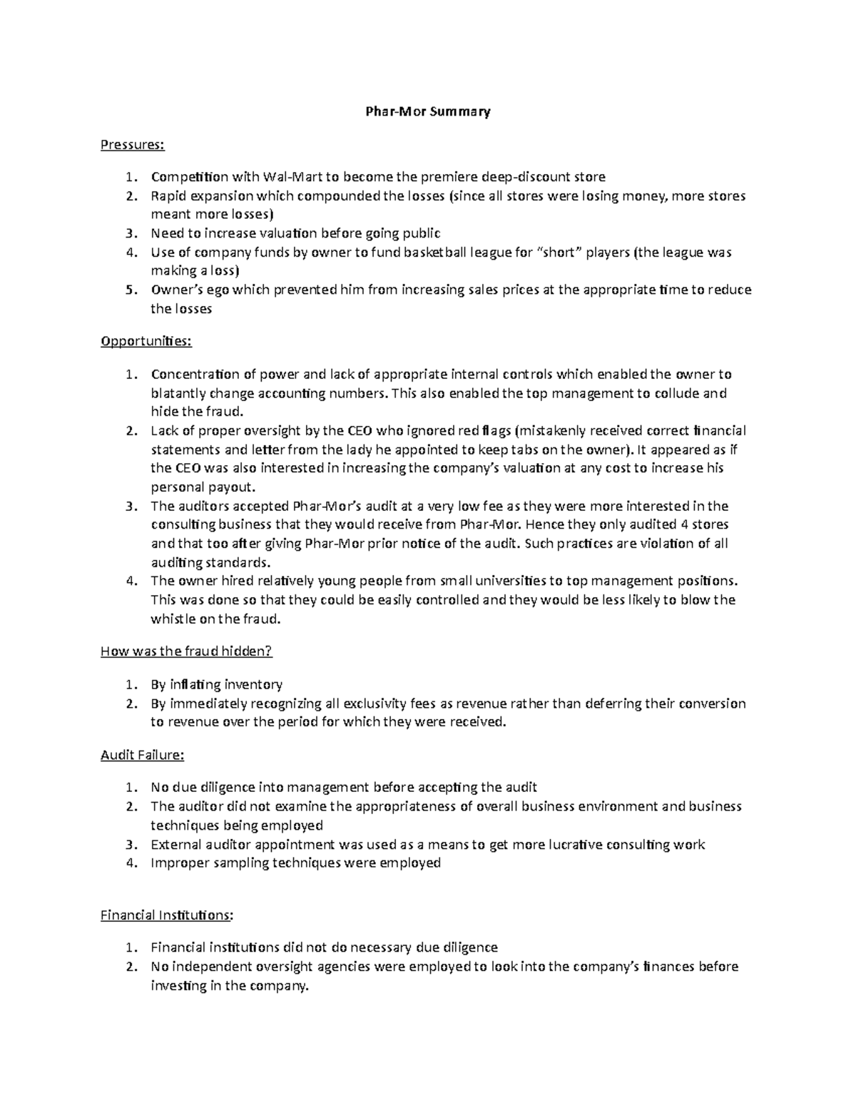 Phar Mor case summary - Case - Phar-Mor Summary Pressures: Competition ...