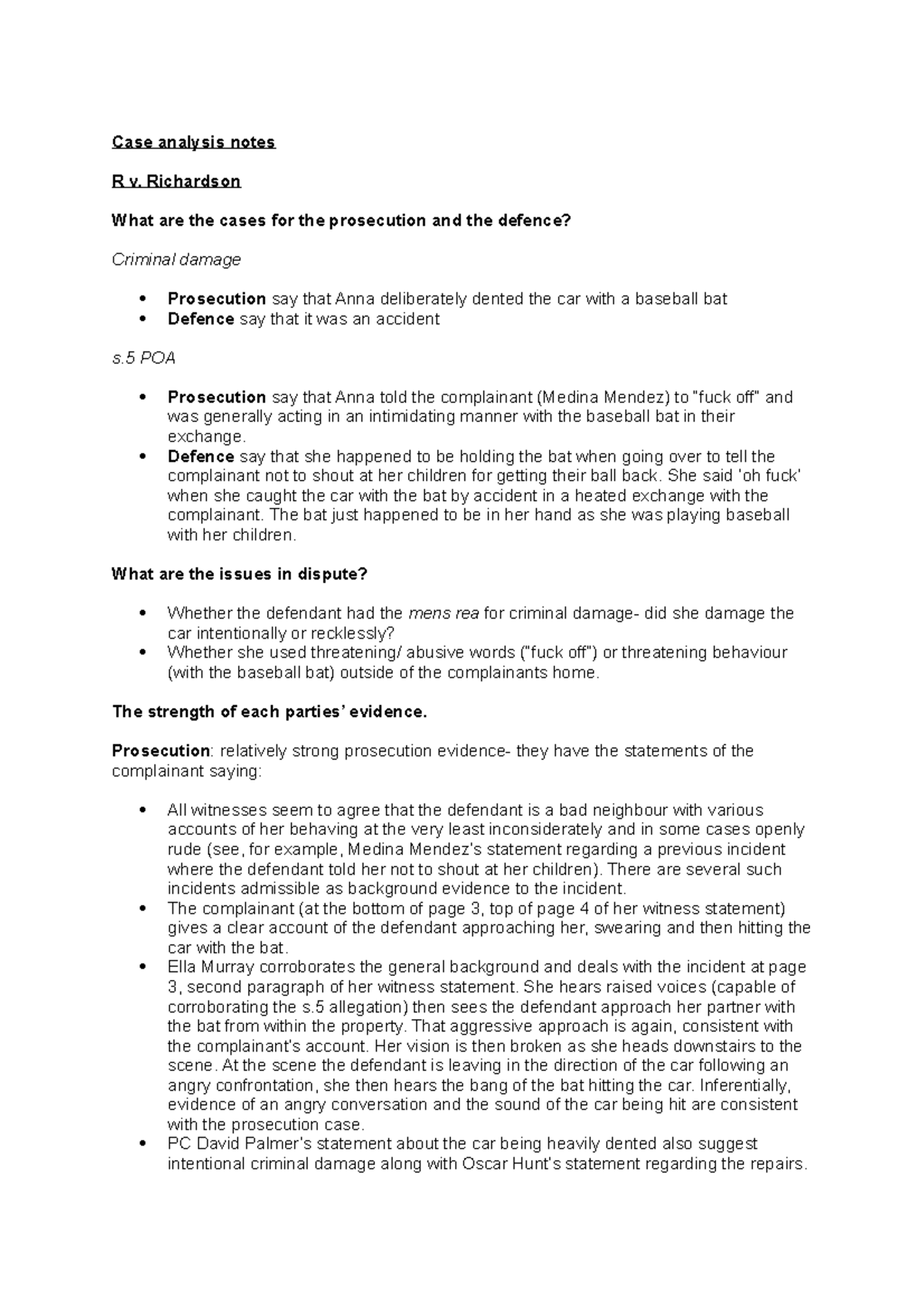 BTC Crime W3 Case Analysis Note - Case analysis notes R v. Richardson ...