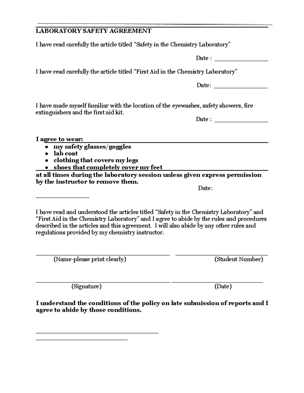 Lab Safety Agreements - Lab Report - LABORATORY SAFETY AGREEMENT I have ...