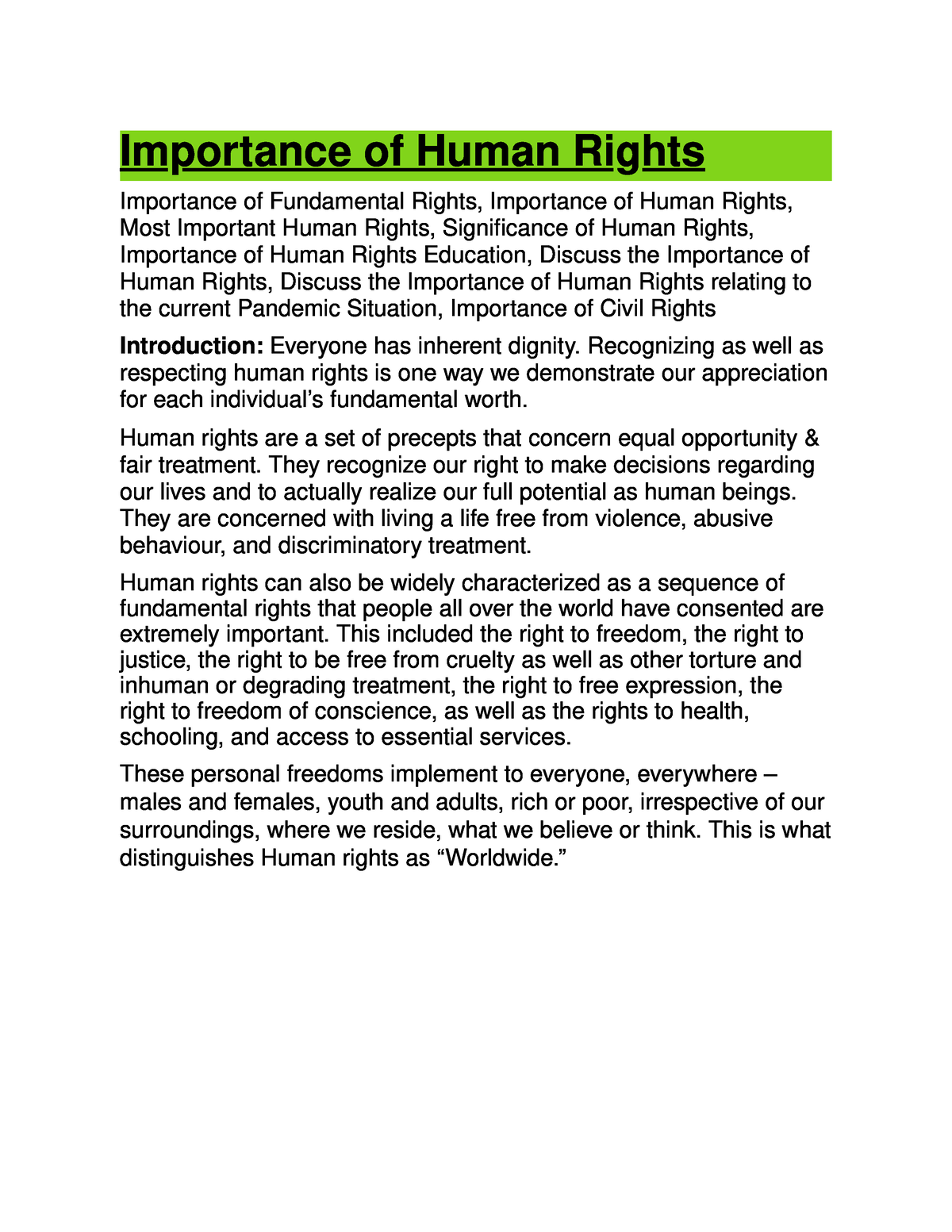 essay on importance of human rights