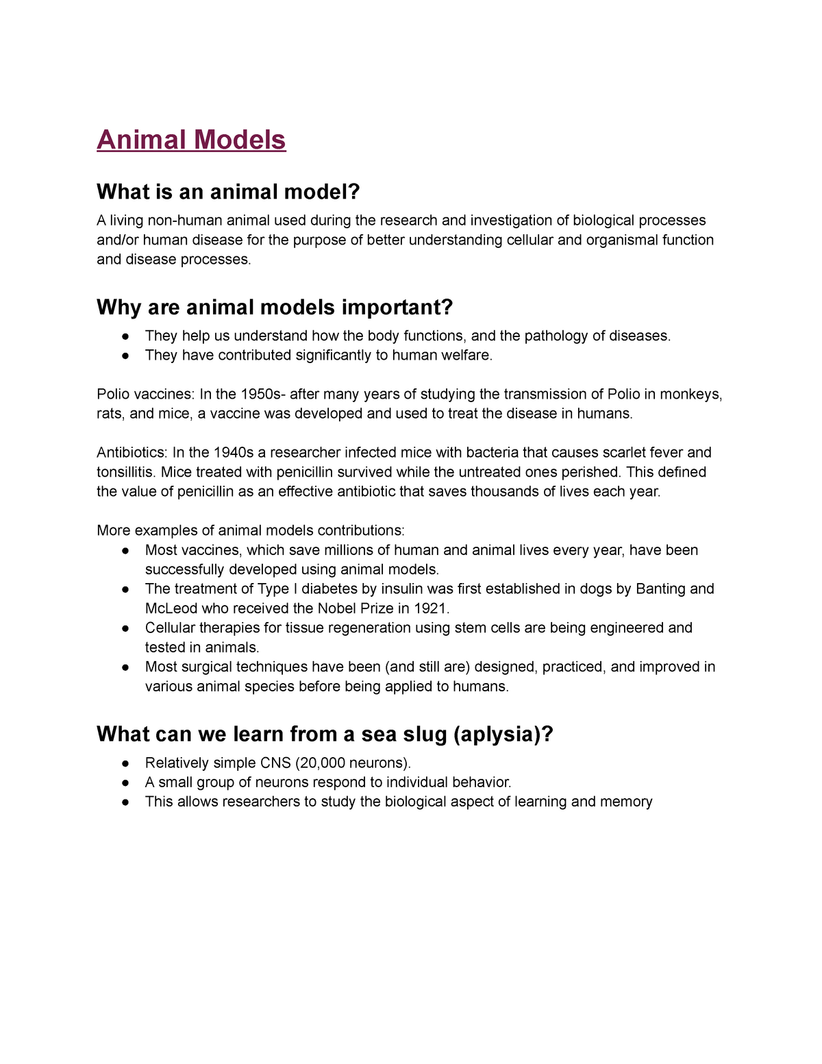Lecture Notes (Part 2 of the course) - Animal Models What is an animal model?  A living non-human - Studocu