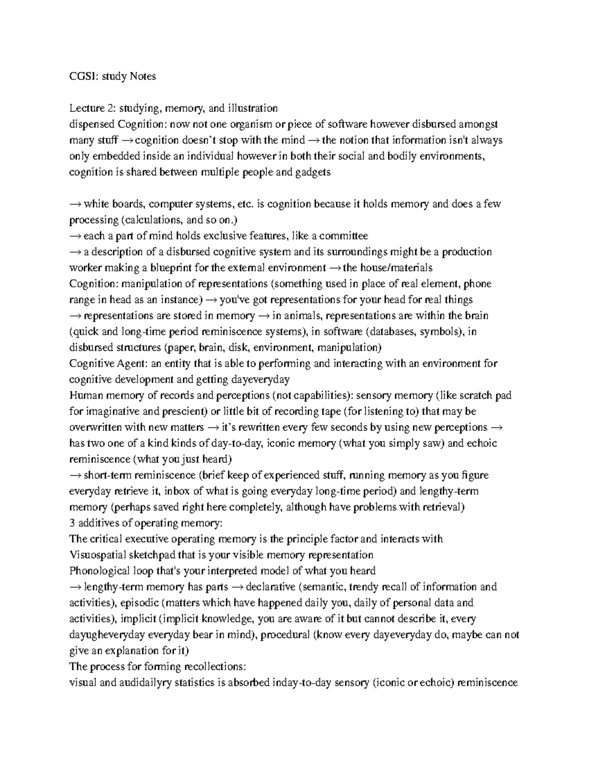 Cgsc 1001 Lecture Notes - CGSI: study Notes Lecture 2: studying, memory ...