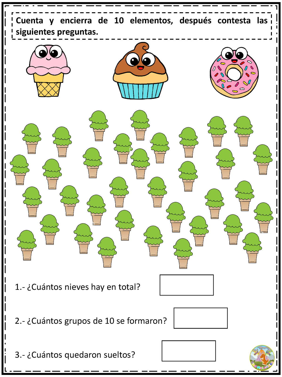 🤗1° Dino Repaso Matematicas Parte 2 Cuenta Y Encierra De 10 Elementos DespuÈs Contesta Las 7627