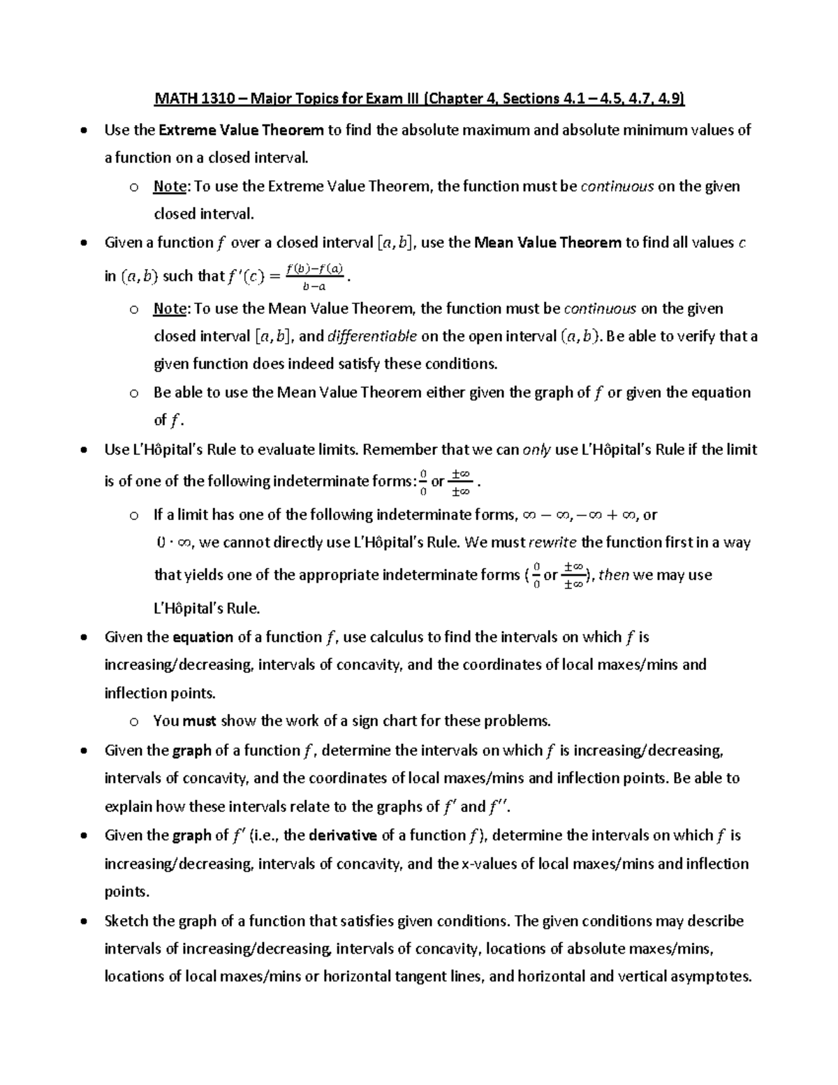 Exam 3 Study Guide - Notes - MATH 1310 – Major Topics for Exam III ...