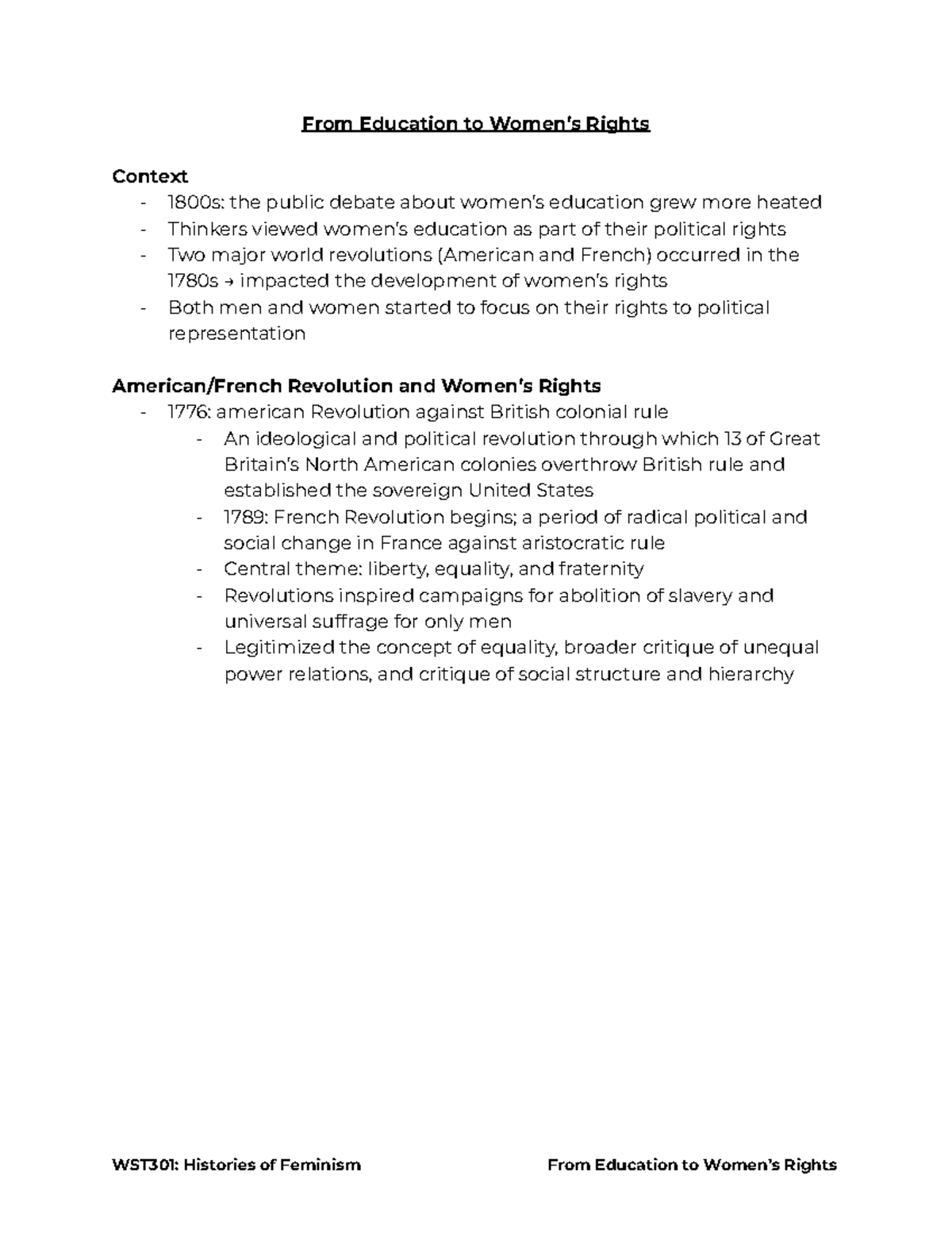 WST301 From Education to Women's Rights From Education to Women’s Rights Context 1800s
