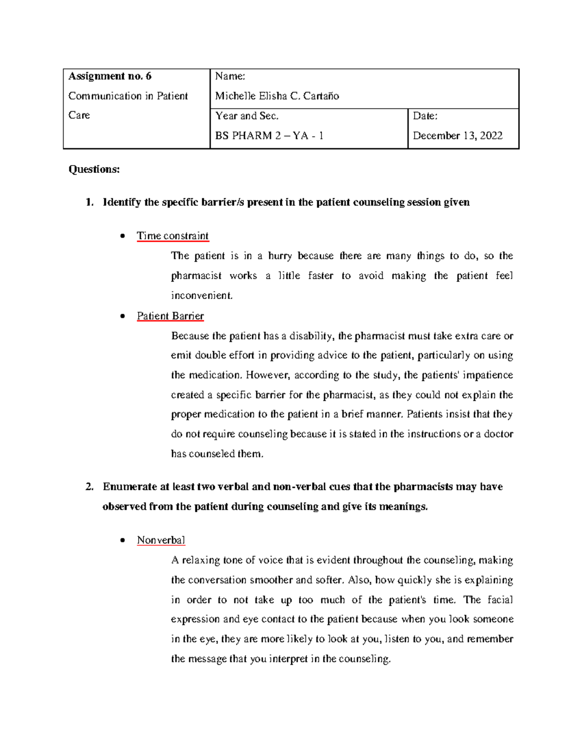 (PDIS - Assignment no 6-1) - Assignment no. 6 Communication in Patient ...