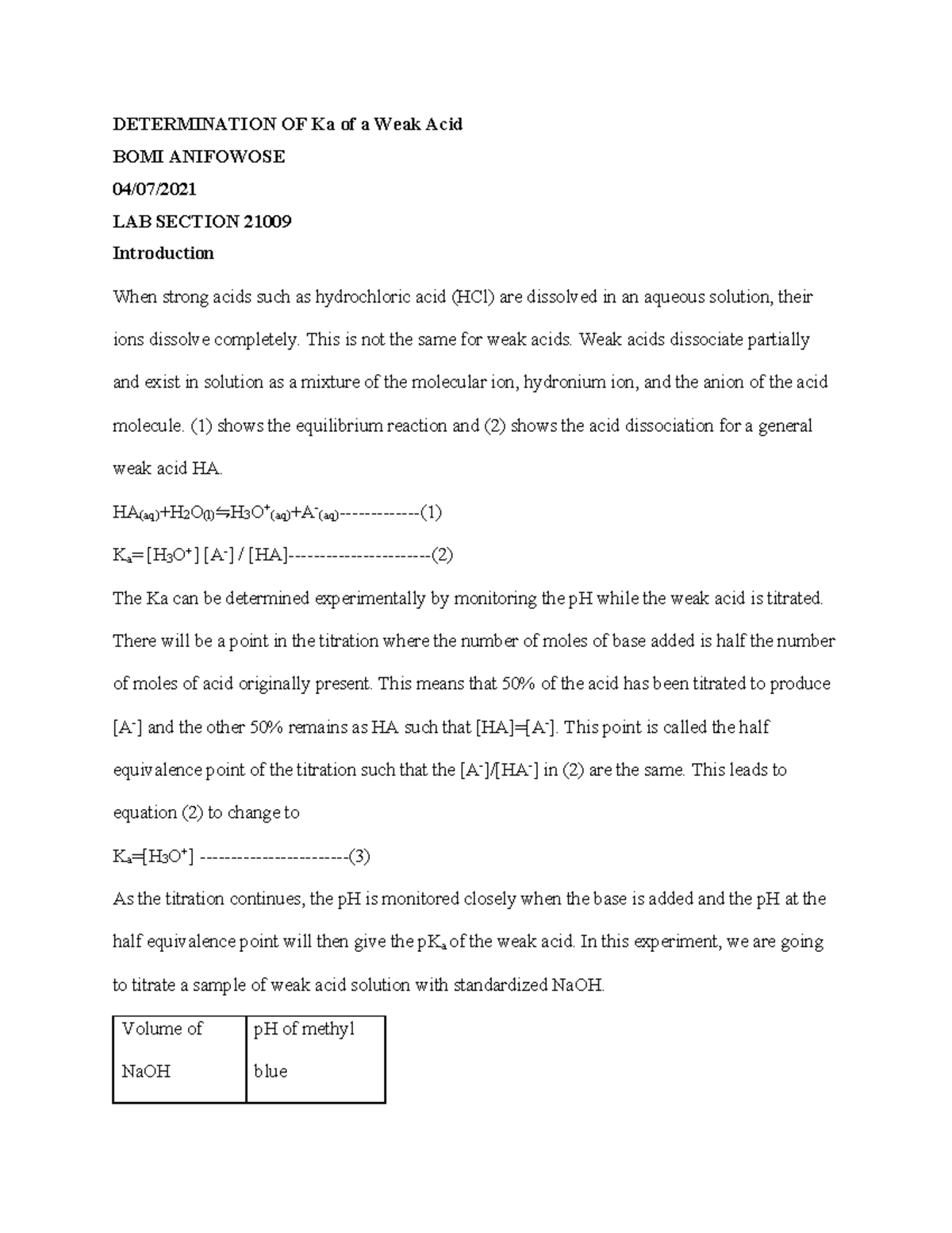 Determination of Ka weak acid lab report DETERMINATION OF Ka of a