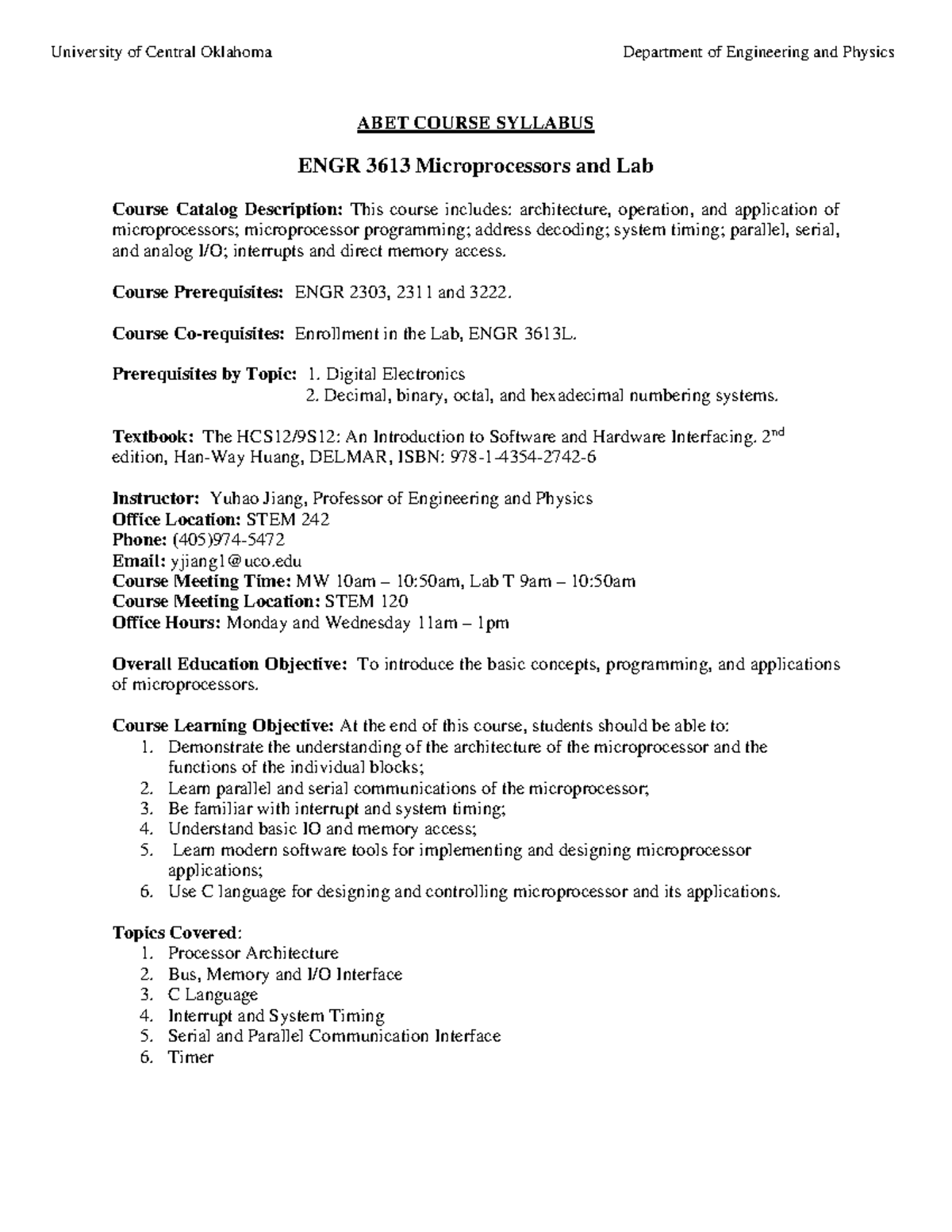 ENGR3613 Microprocessors Abet Syllabus - ABET COURSE SYLLABUS ENGR 3613 ...