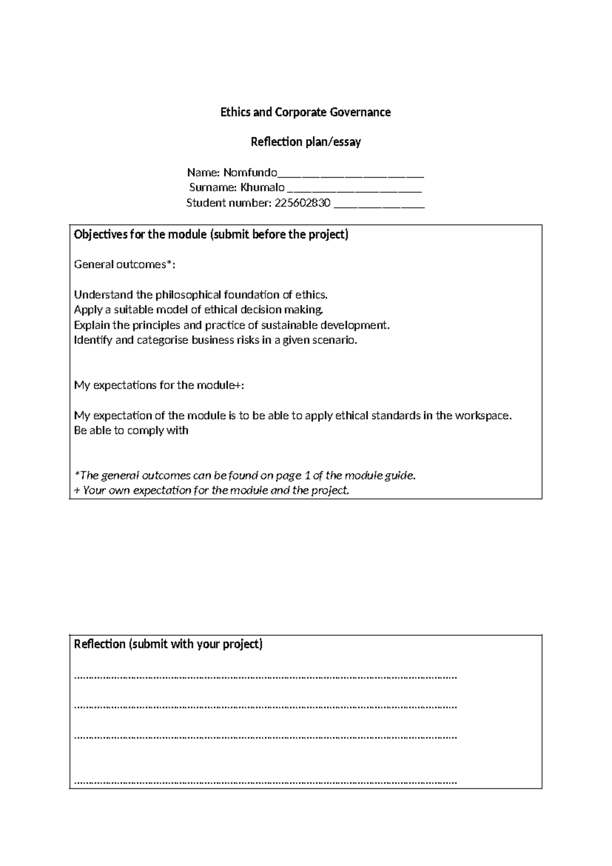 Reflective essay template (print to pdf when done) - Ethics and ...