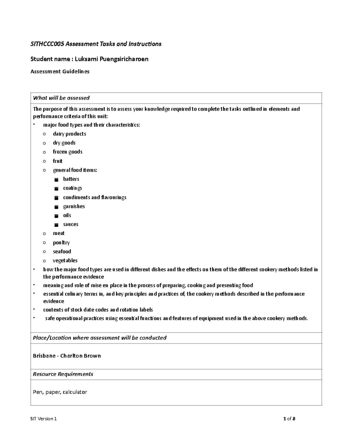 Sithccc 005 Assessment 1 - Sithccc005 Assessment Tasks And Instruc5ons 