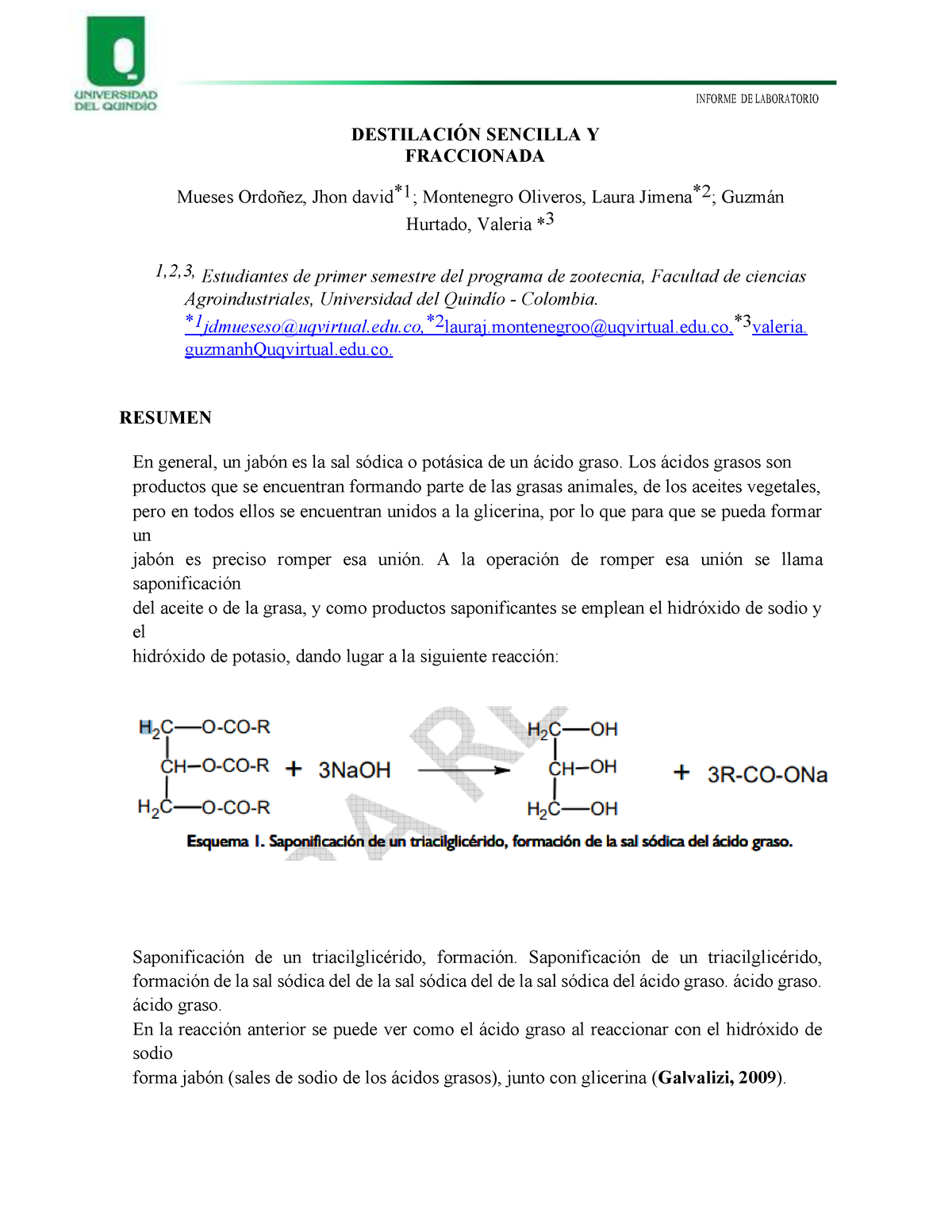 Laboratorio Saponificación DestilaciÓn Sencilla Y Fraccionada Mueses Ordoñez Jhon David1 1529