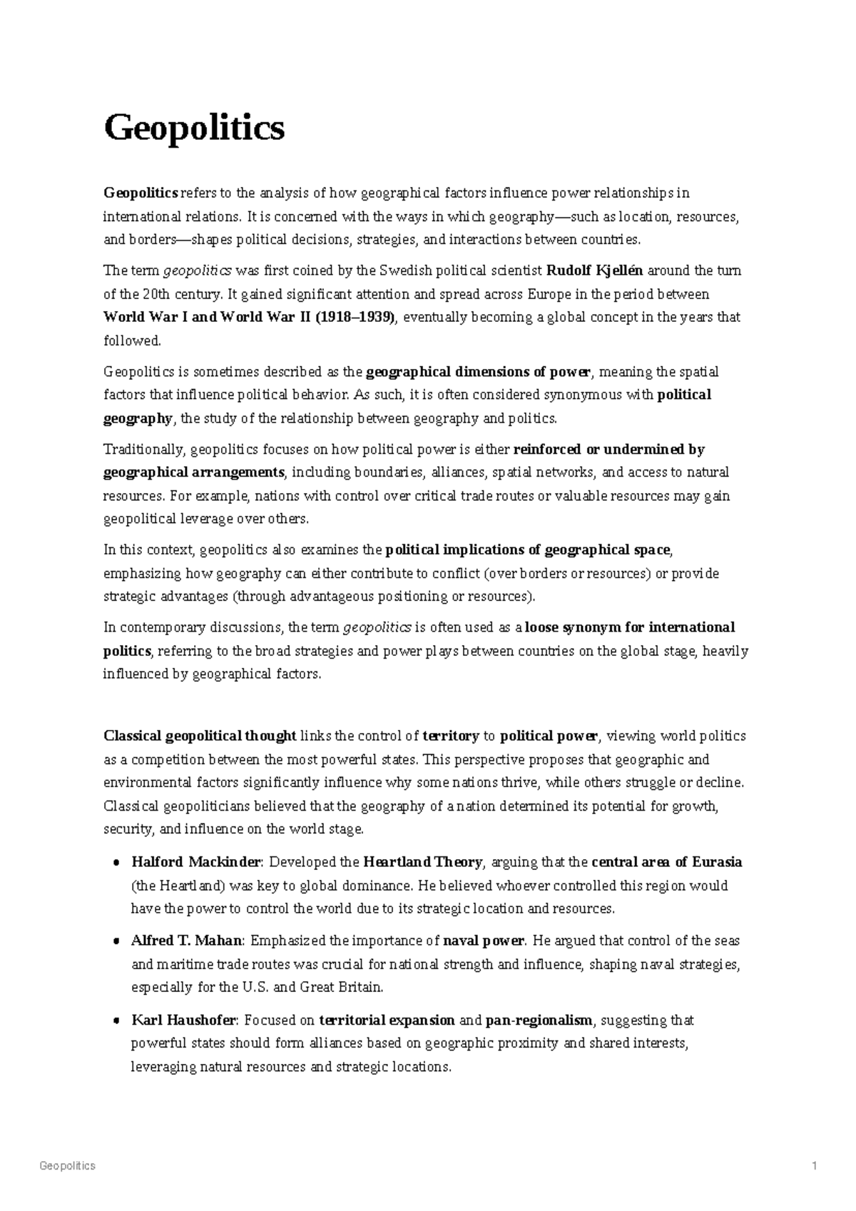 Geopolitics - Apuntes - Geopolitics Geopolitics refers to the analysis ...