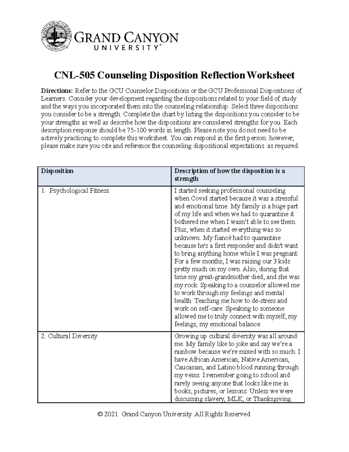 CNL-505 Counseling Dispostion Reflection Worksheet - CNL-505 Counseling ...