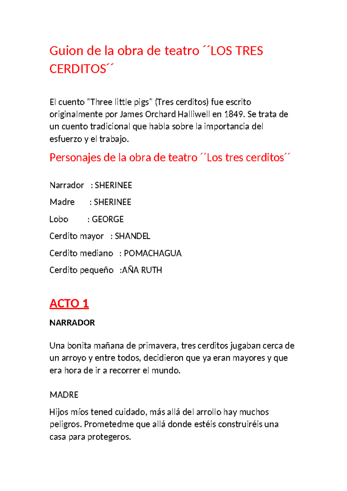 Los tres cerditos OBRA Teatral - Guion de la obra de teatro ́ ́LOS TRES