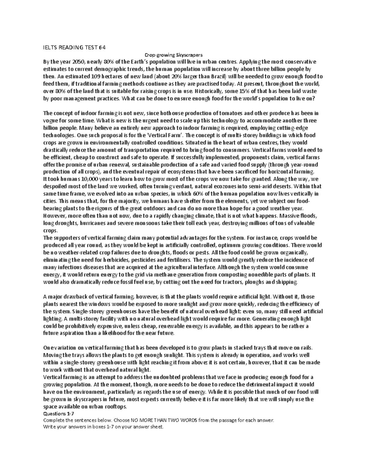 Ielts Reading TEST 64 IELTS READING TEST 64 Cropgrowing Skyscrapers