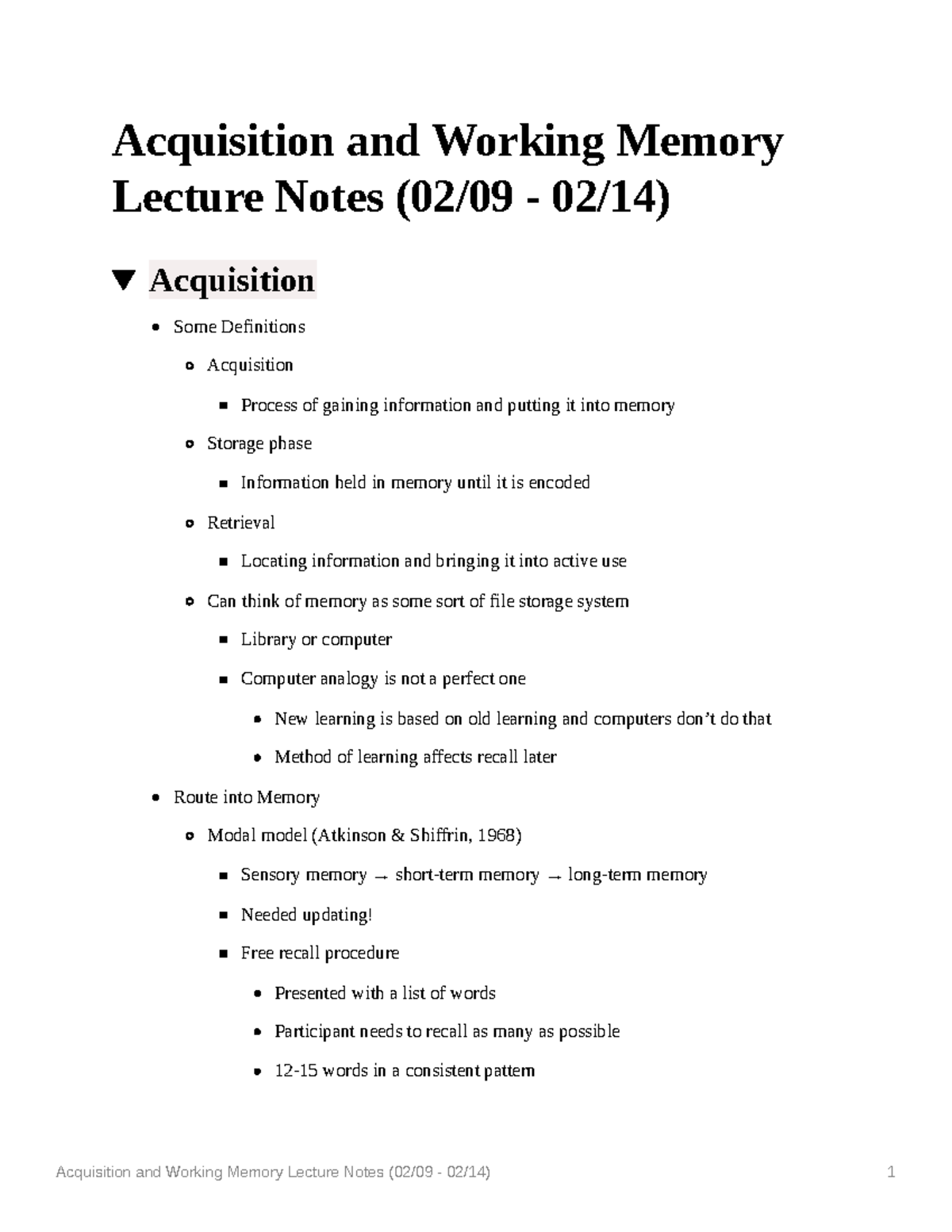 Acquisition and Working Memory Lecture Notes - Studocu