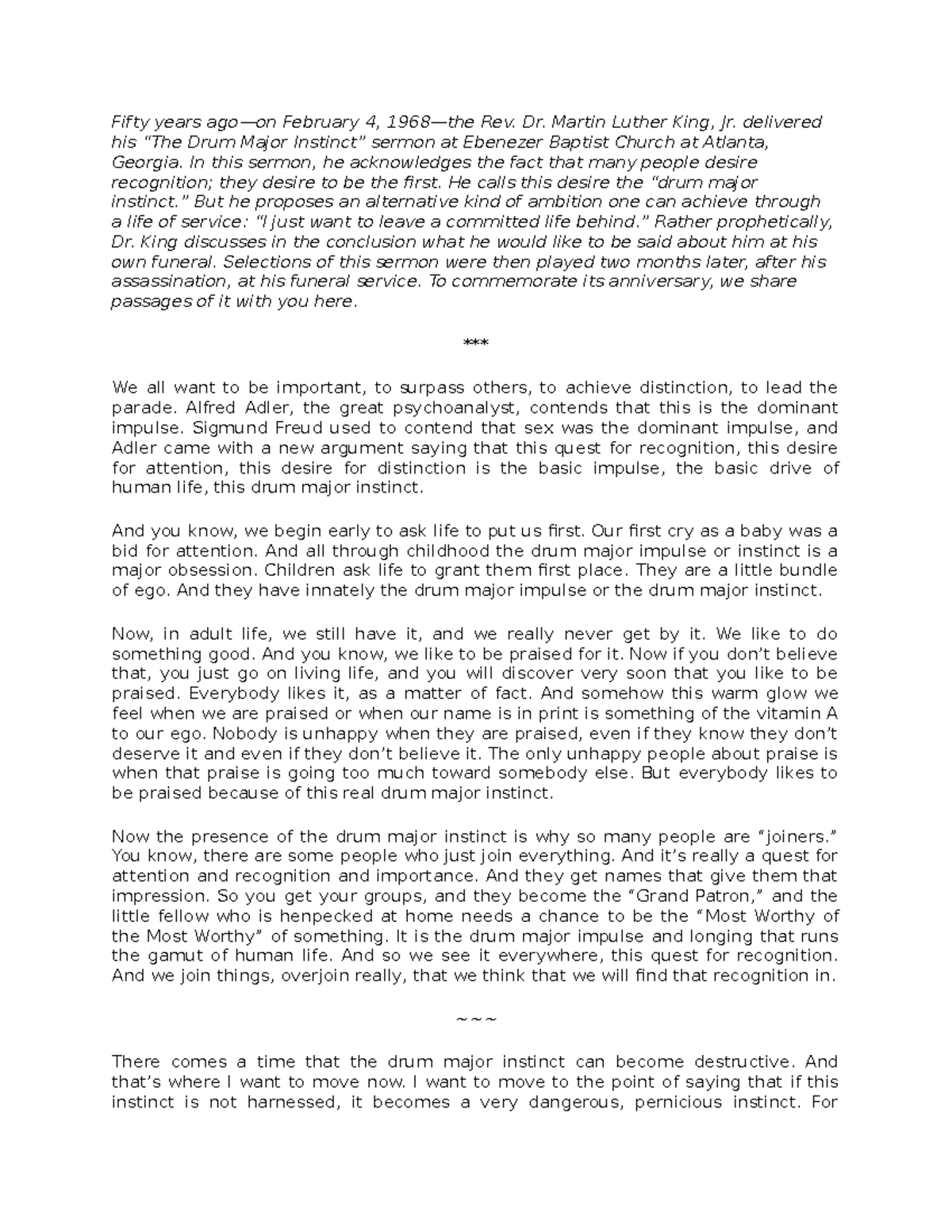 The Major Drum Instinct Fifty years ago—on February 4, 1968—the Rev