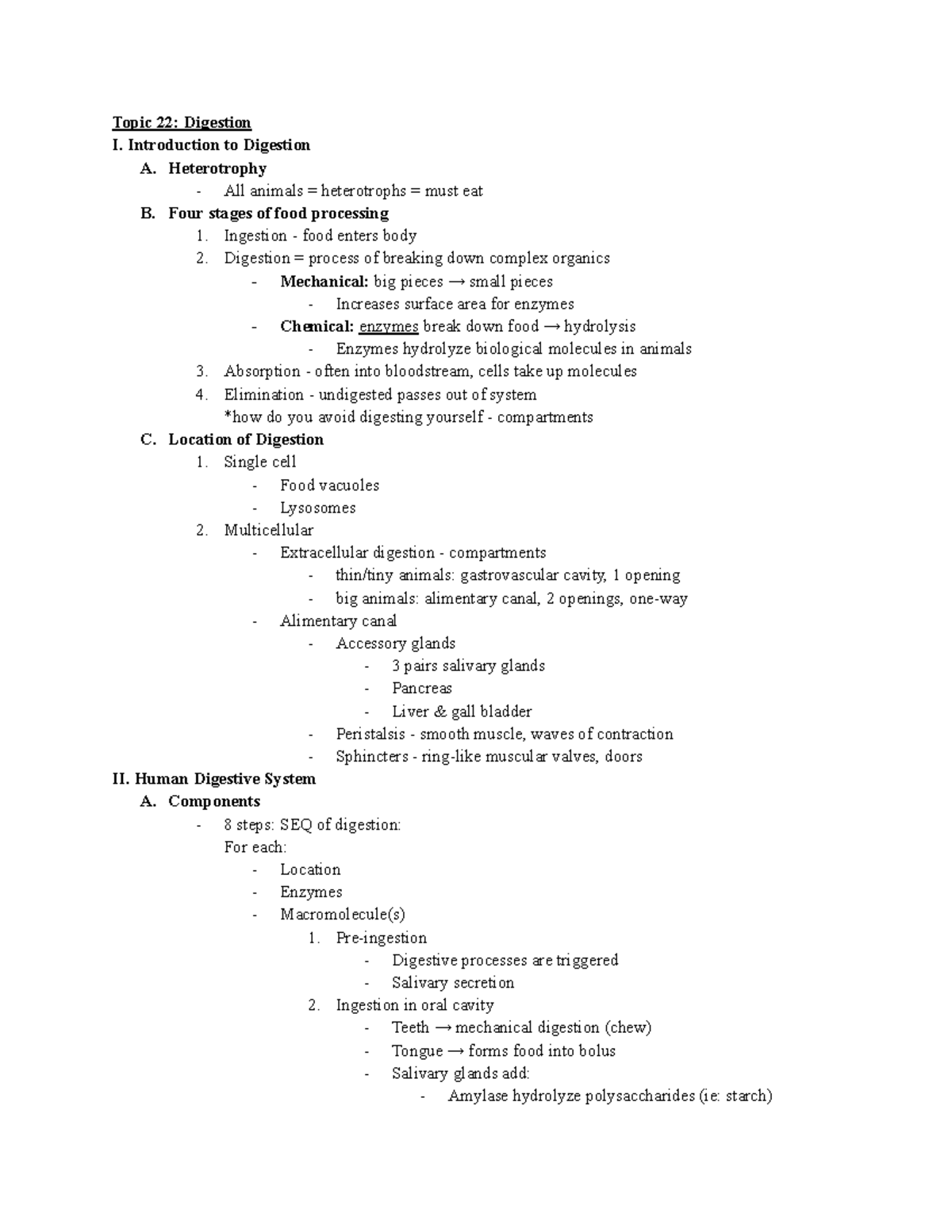 Topic 22 + 23 - Topic 22: Digestion I. Introduction to Digestion A ...