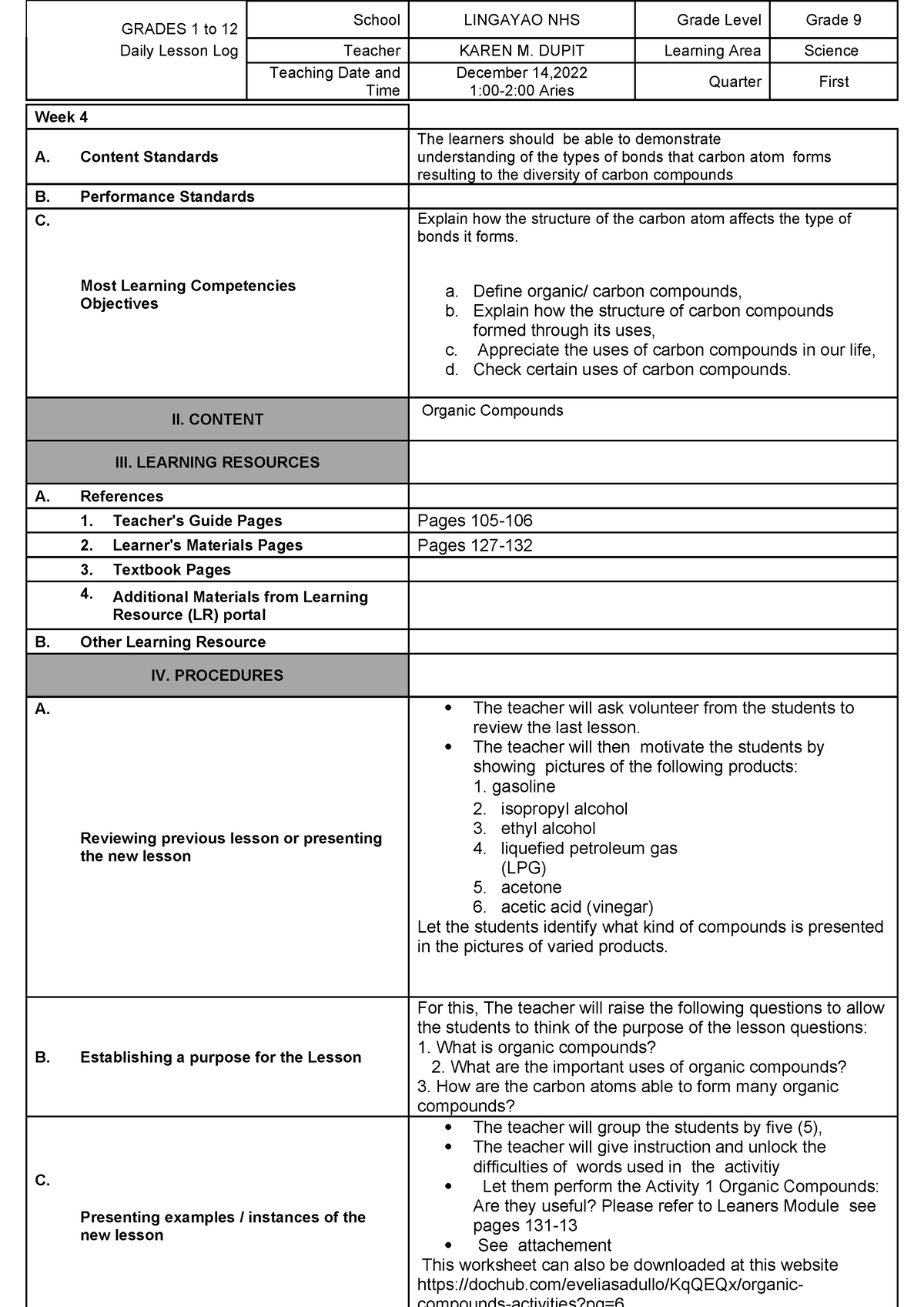 Science 9 dll organic compound - GRADES 1 to 12 School LINGAYAO NHS ...