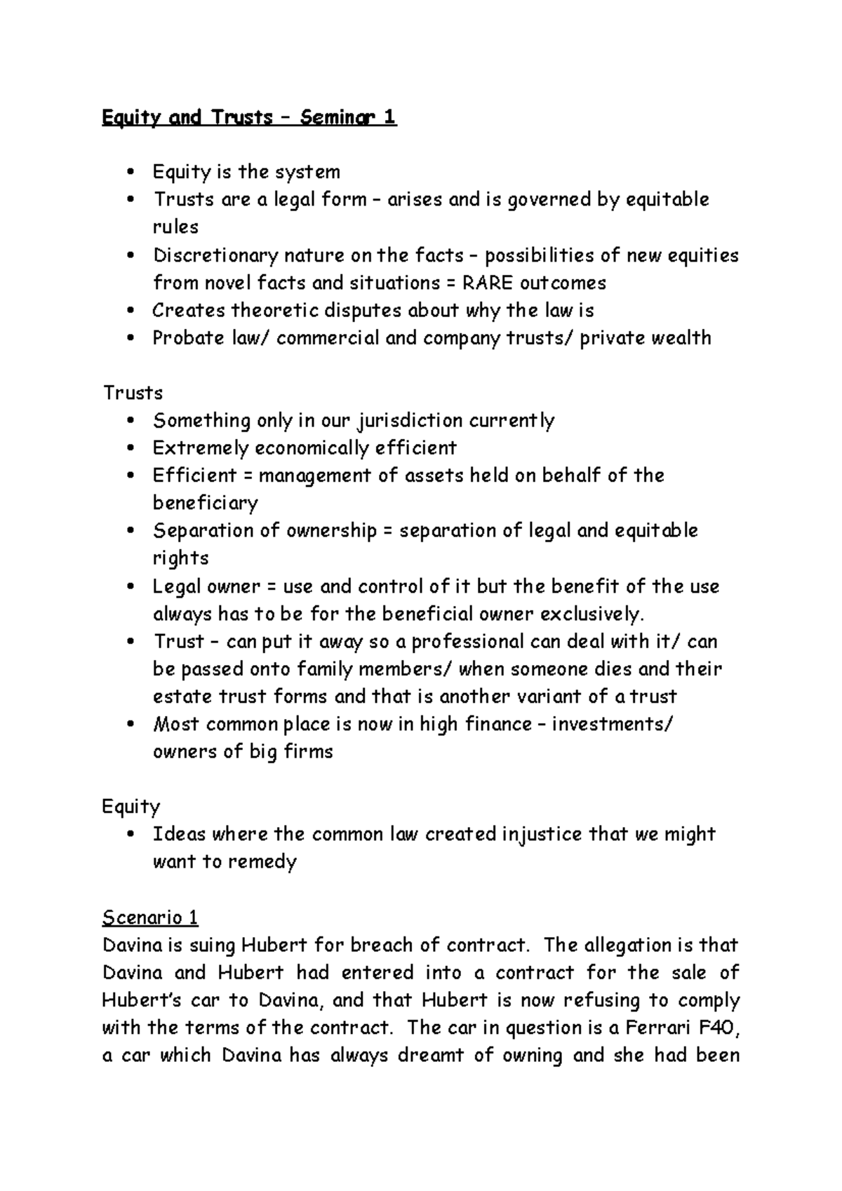 Week 1 Seminar - Lecture notes 1 - Equity and Trusts – Seminar 1 Equity ...