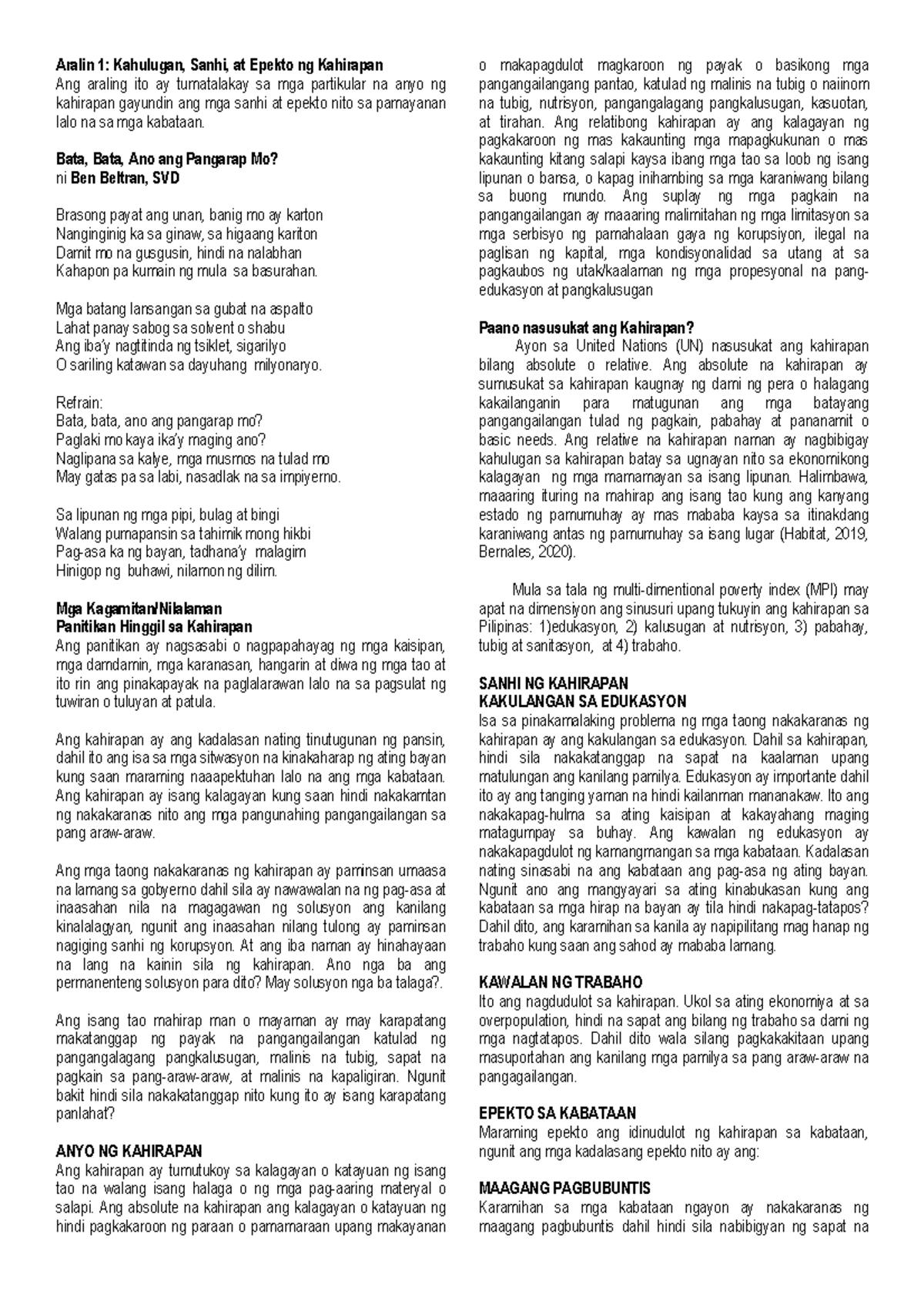 Module 2 study Aralin 1 Kahulugan, Sanhi, at Epekto ng Kahirapan