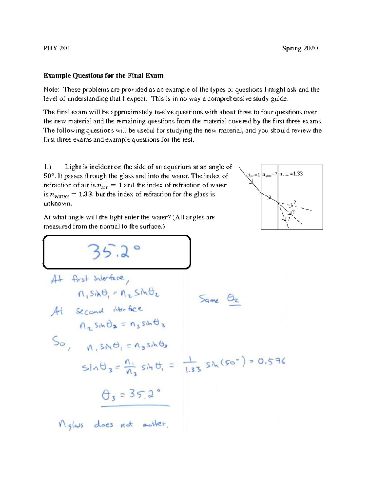 PHY201SP20 - Final Exam Example Questions with solutions - PHY 201 ...
