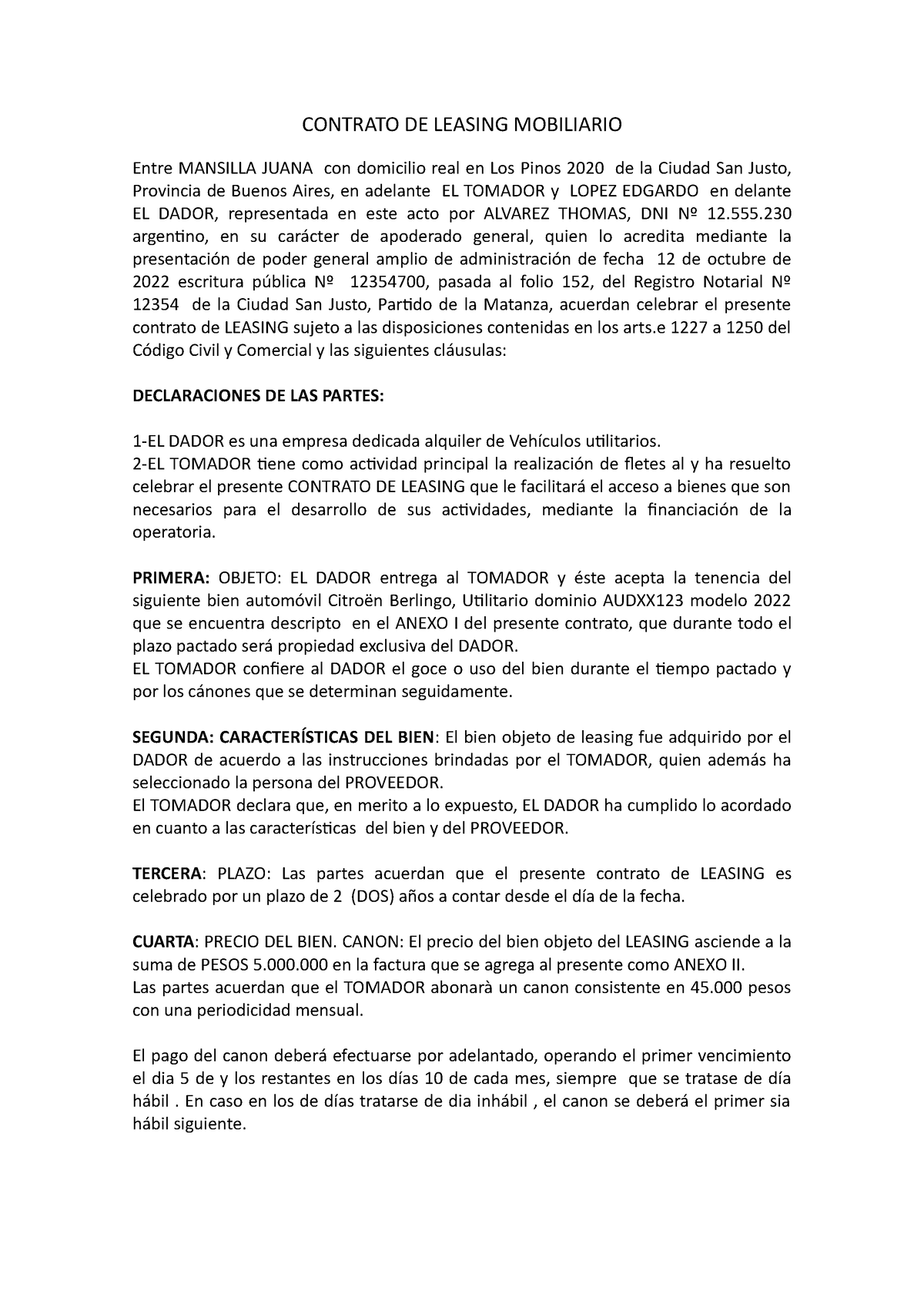 Contrato DE Leasing Mobiliario - CONTRATO DE LEASING MOBILIARIO Entre  MANSILLA JUANA con domicilio - Studocu