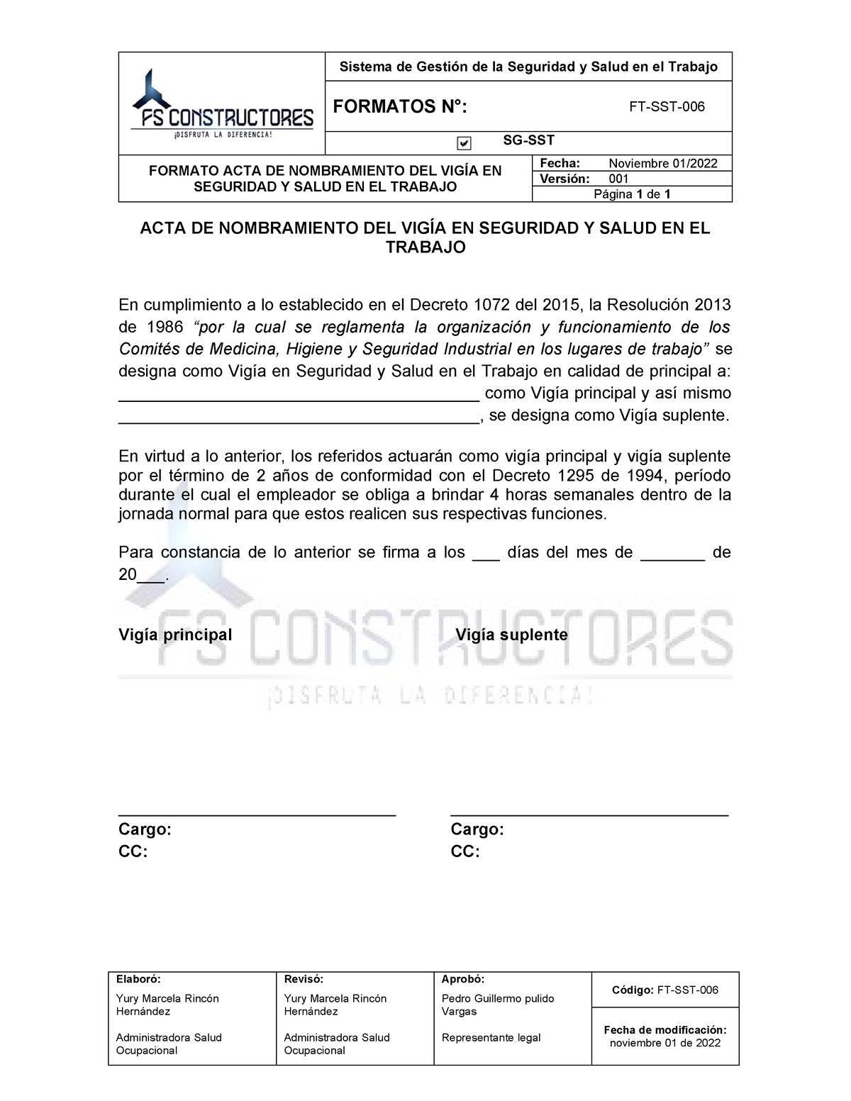 Ft Sst 006 Formato Acta De Nombramiento Del Vigia En Seguridad Y Salud