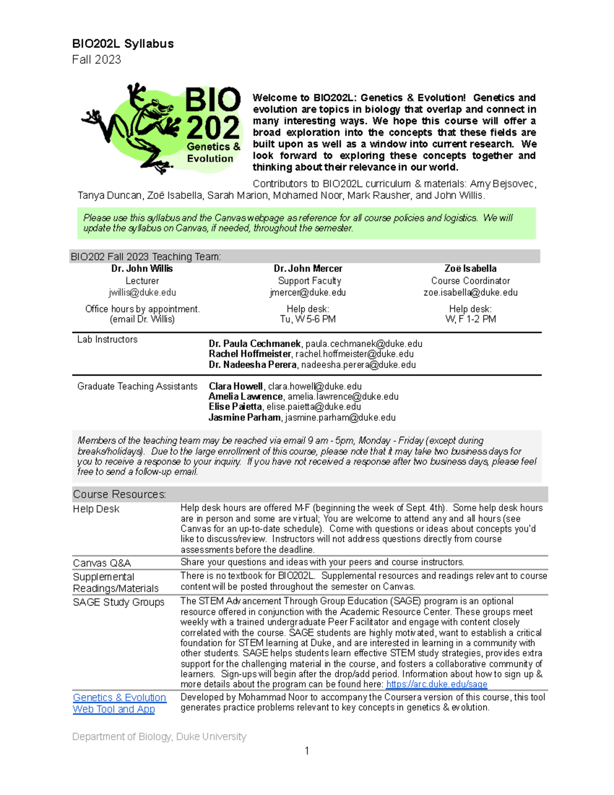 BIO202 LSyllabus F23Aug24 - Fall 2023 Welcome to BIO202L: Genetics ...