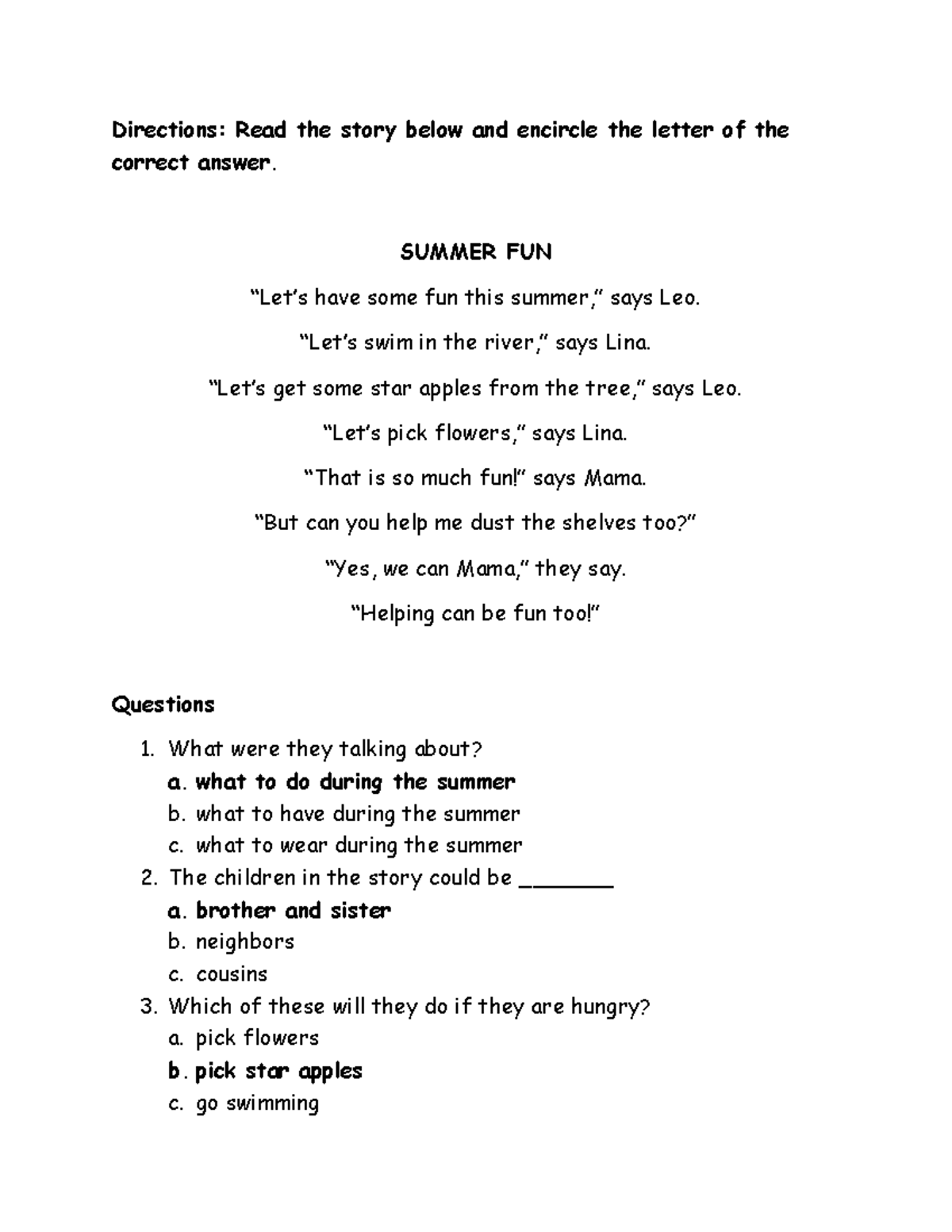 Reading passage directions read the story below and encircle the