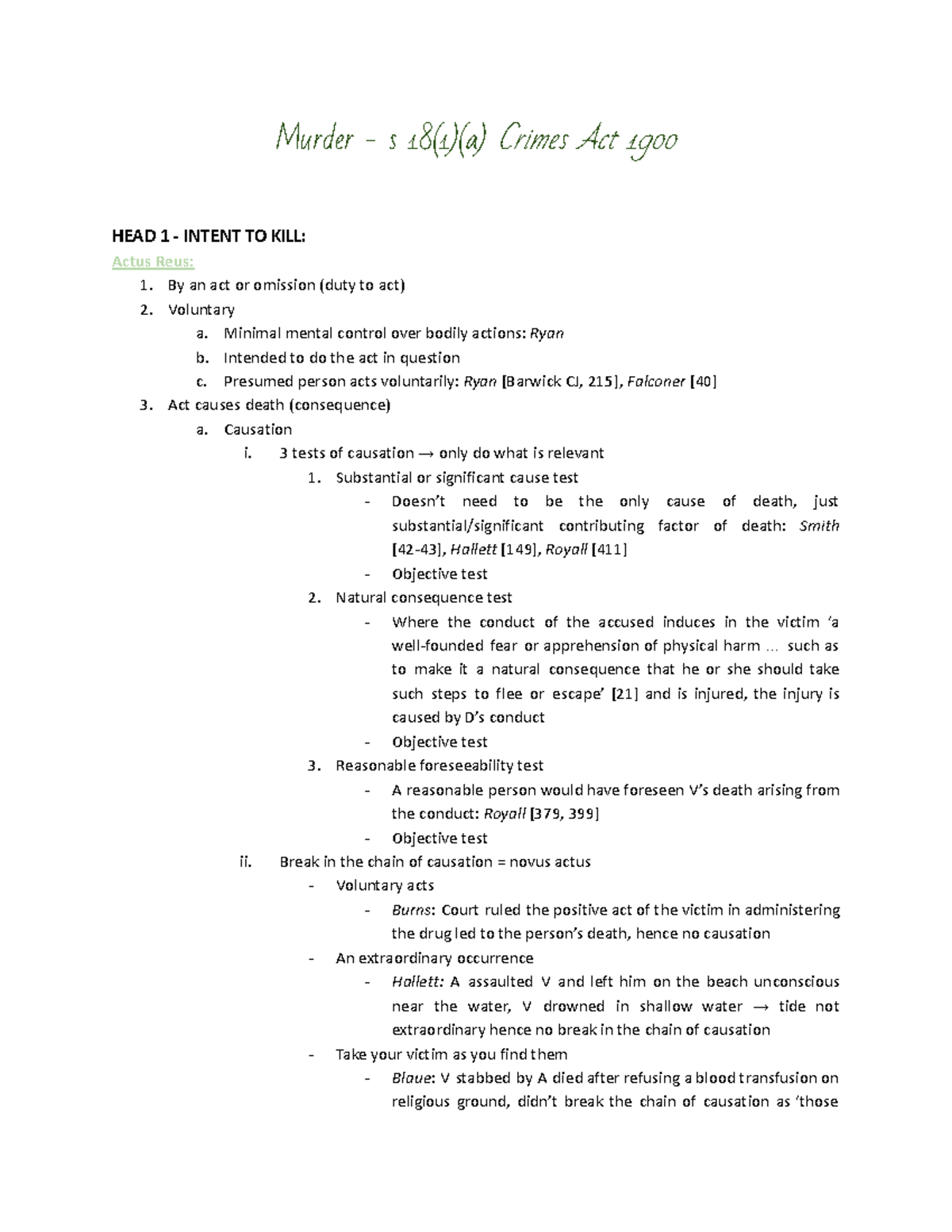 LLB1130 - Homicide Murder - Problem Question Steps - Murder - S 18(1)(a ...