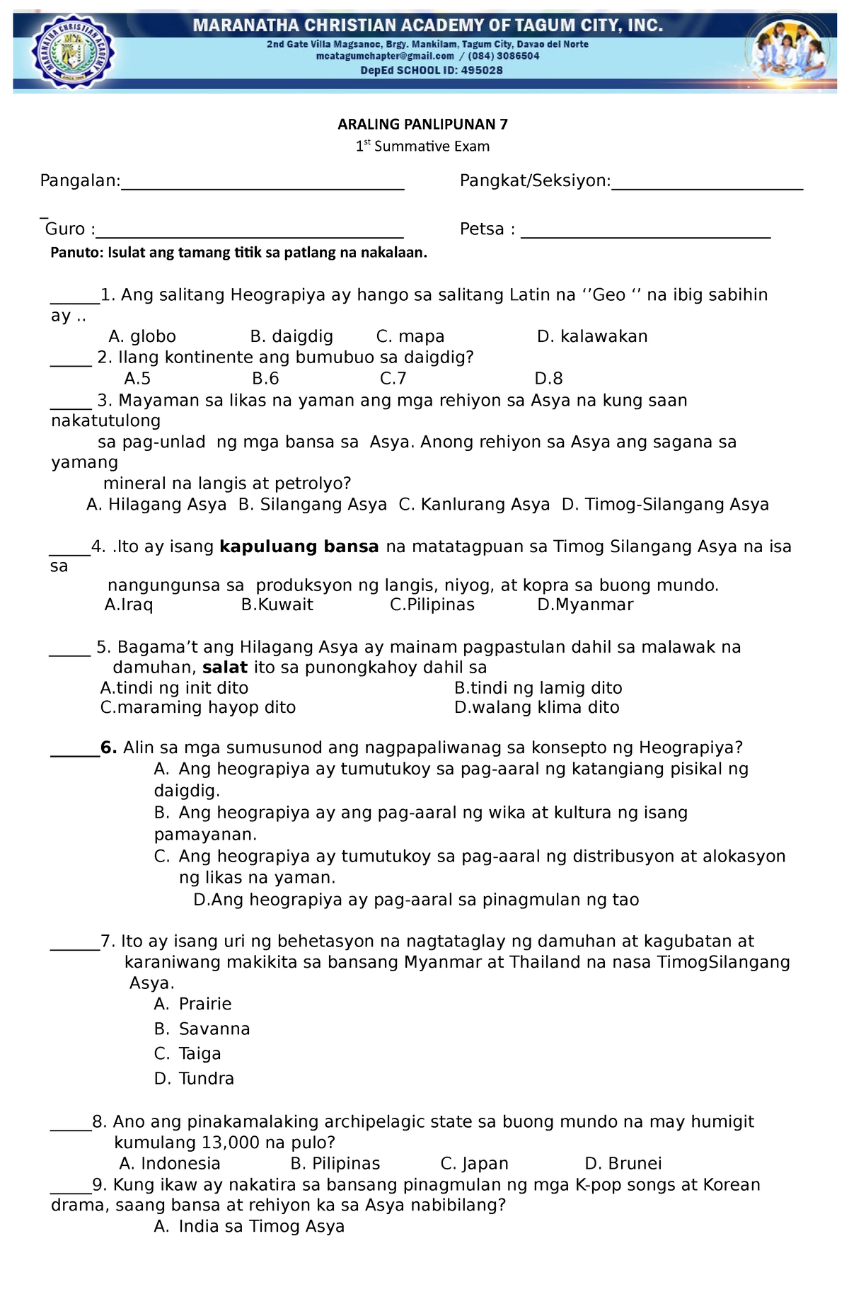 Araling Panlipunan 7 F IRST S Ummative - ARALING PANLIPUNAN 7 1 St ...