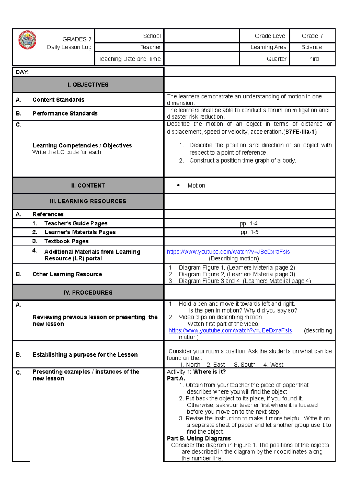 DLL Template G7 Q3 lesson 1 - GRADES 7 School Grade Level Grade 7 Daily ...