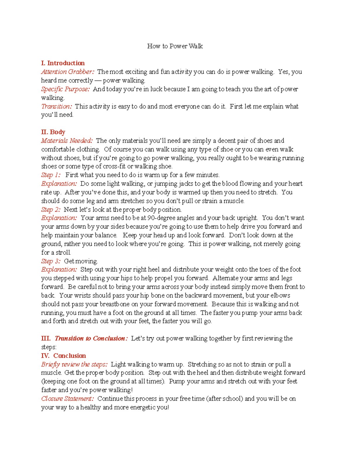 Sample Speech to Demonstrate - How to Power Walk I. Introduction ...