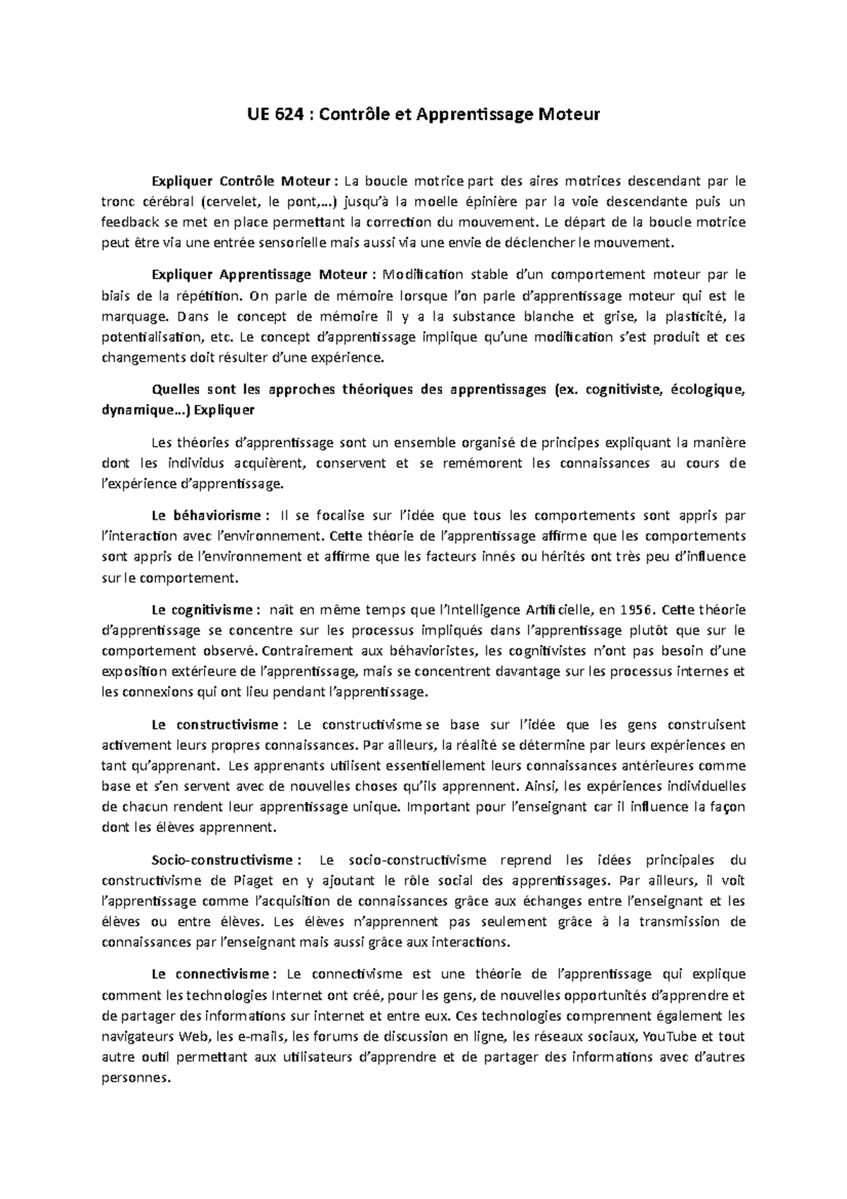 Contrôle Et Apprentissage Moteur Questions Ue 624 Contrôle Et Apprentissage Moteur Expliquer 9344