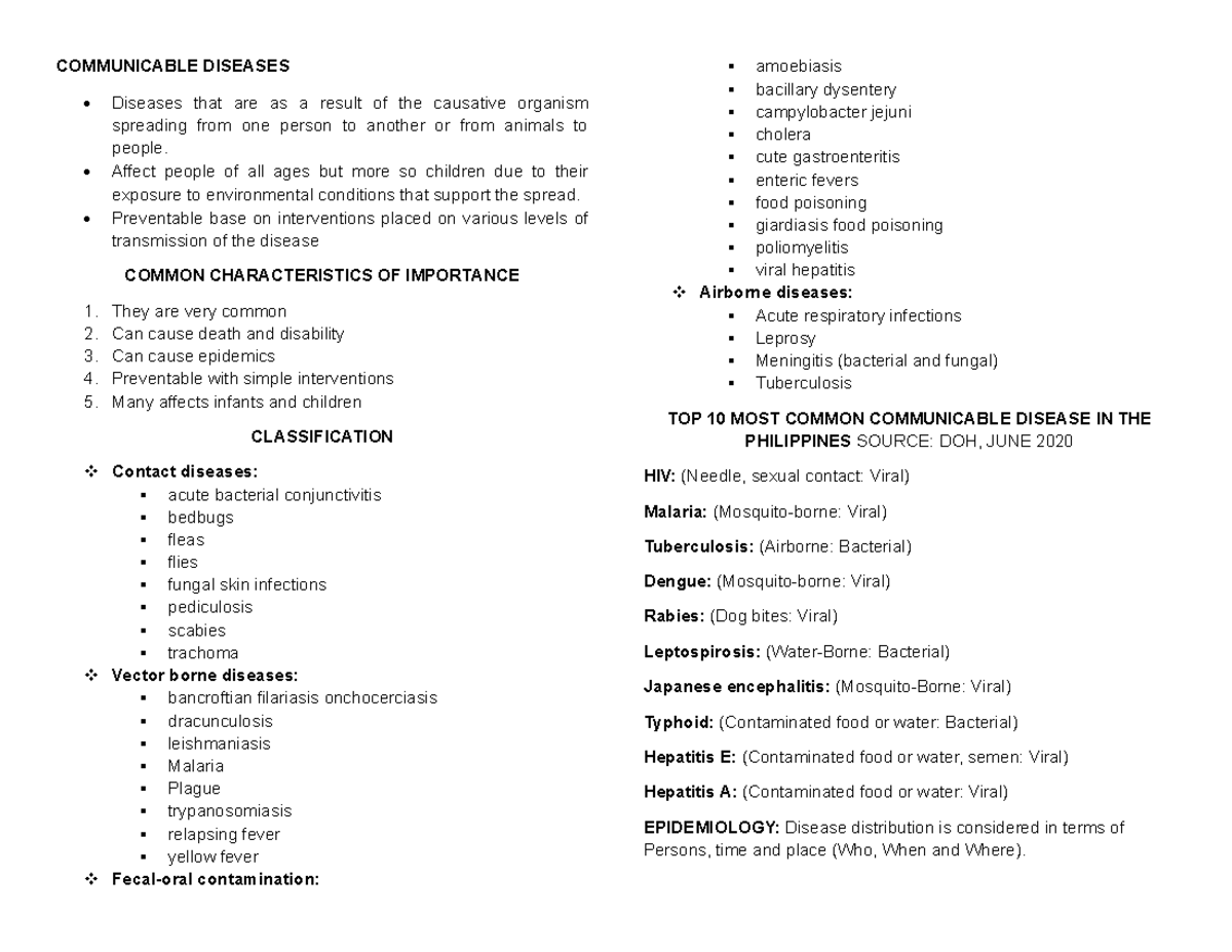 CPH Midterm WEEK1 - Commuicable disease - COMMUNICABLE DISEASES ...