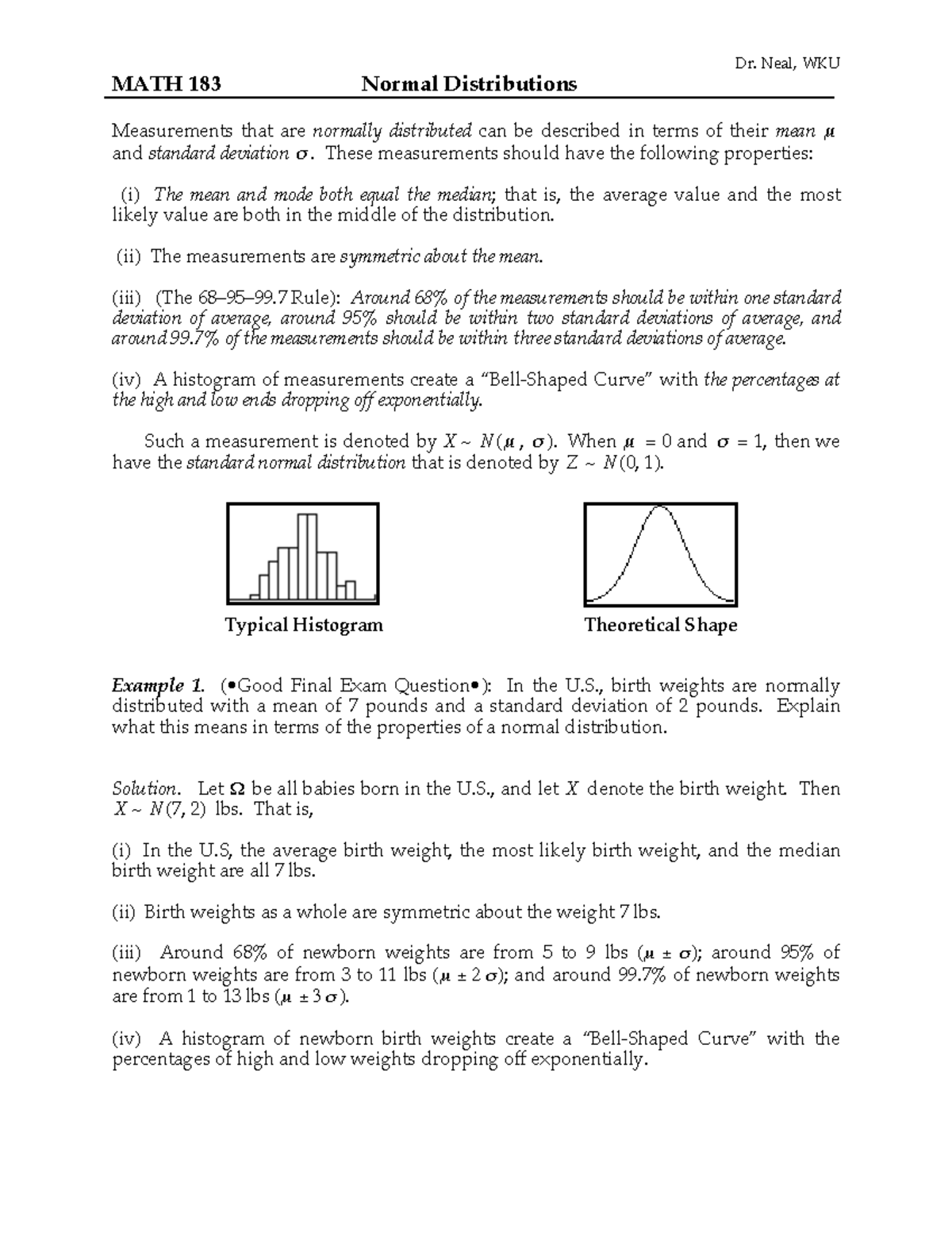 Normal - Lecture notes 7 - Dr. Neal, WKU MATH 183 Normal Distributions ...