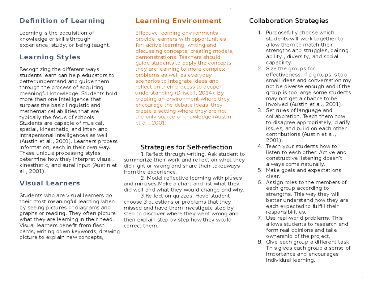 Topic 1 Brochure Definition of Learning Learning is the acquisition